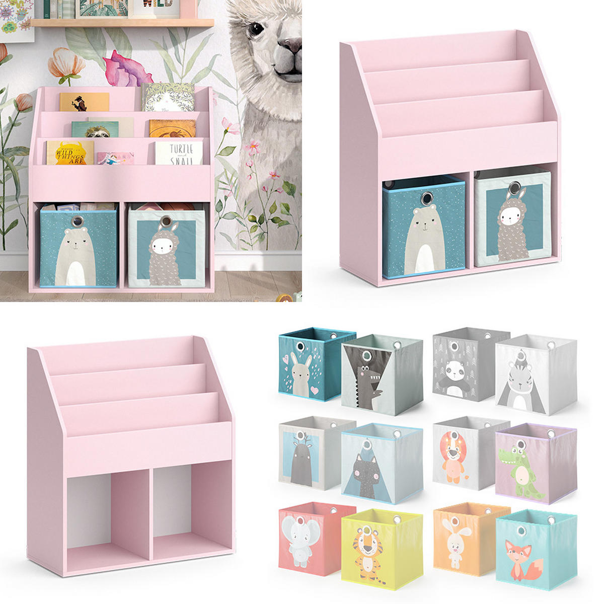 KINDERREGAL Luigi Rosa 72 x 79 cm mit 2 Faltboxen (Bär, Schaf) - Pink, Holzwerkstoff (72/79/30.7cm) - Vicco