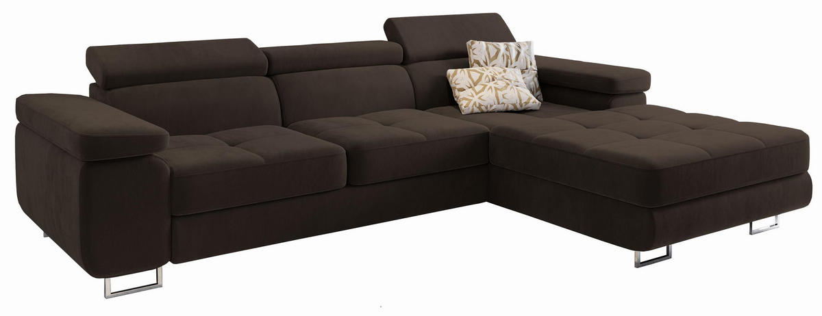 ECKSOFA ELMA R-S Braun Velours-Stoff mit Schlaffunktion - Braun, Holz (280/205cm) - MASSENO