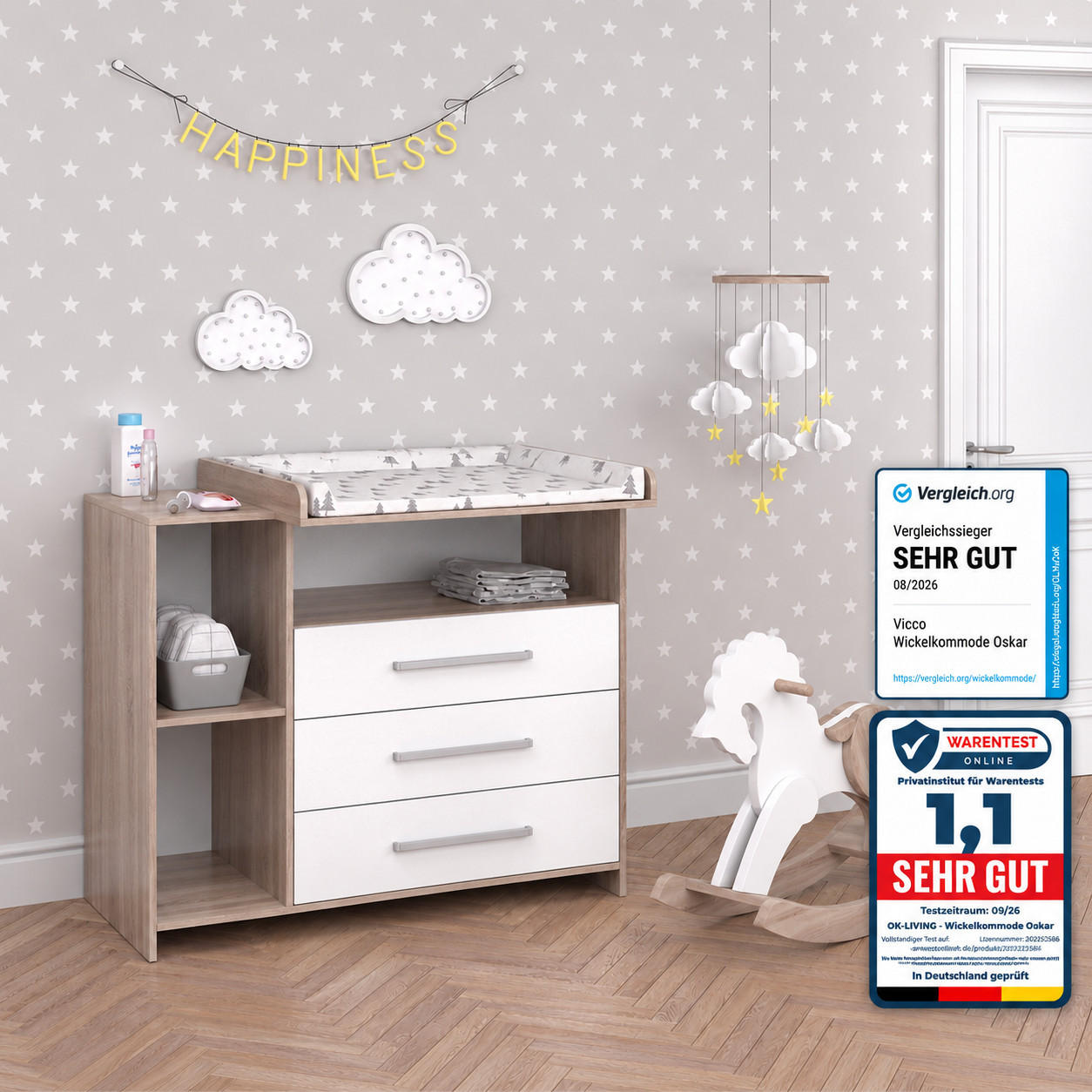 ENOTA ZA PREVIJANJE DOJENČKOV Oskar Bela/Sonoma 113 x 100 cm - bela/hrast sonoma, leseni material (113/100/53cm) - Vicco