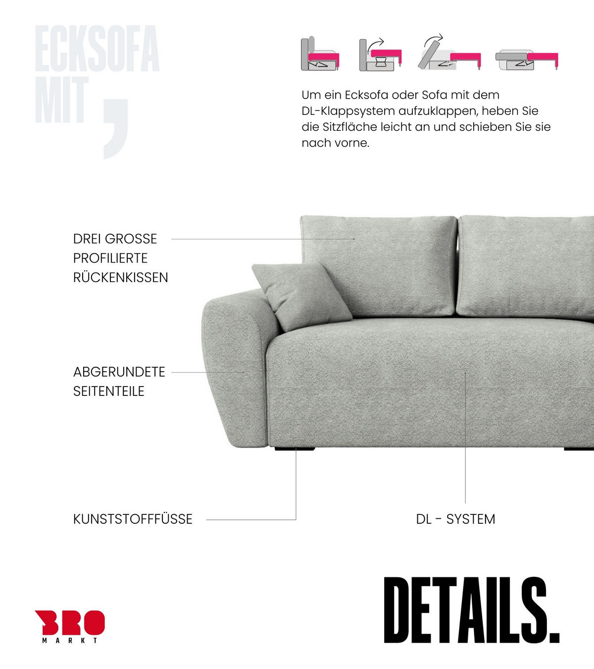 ECKSOFA Rotterdam mit Schlaffunktion Grau Bouclé - Hellgrau, Textil (238/141cm) - Bromarkt