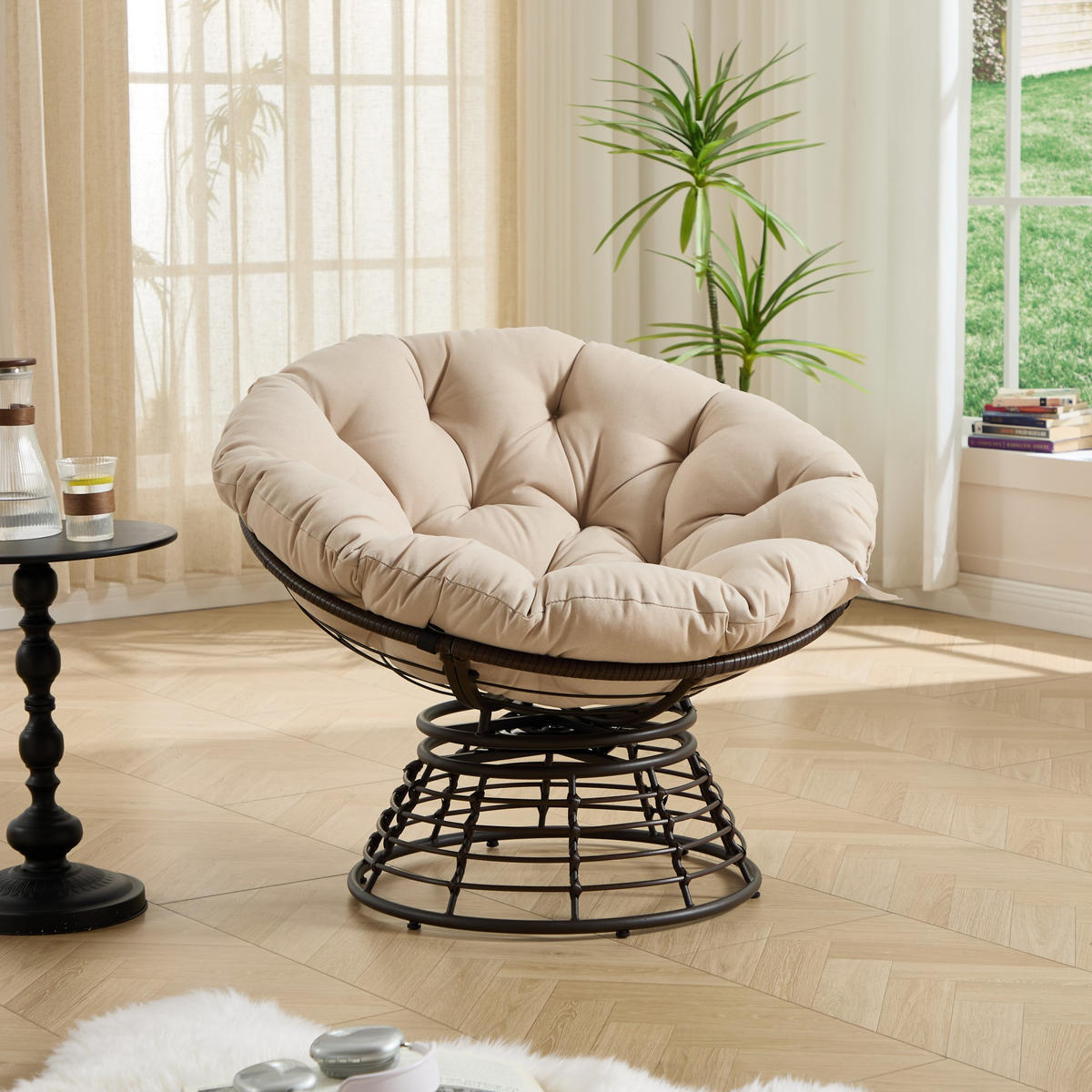 GARTEN-RELAXSESSEL Papasansessel, 360° drehbar,Rattan, Polyester, Beige - Beige, Textil (60/67/92cm) - LVHOM