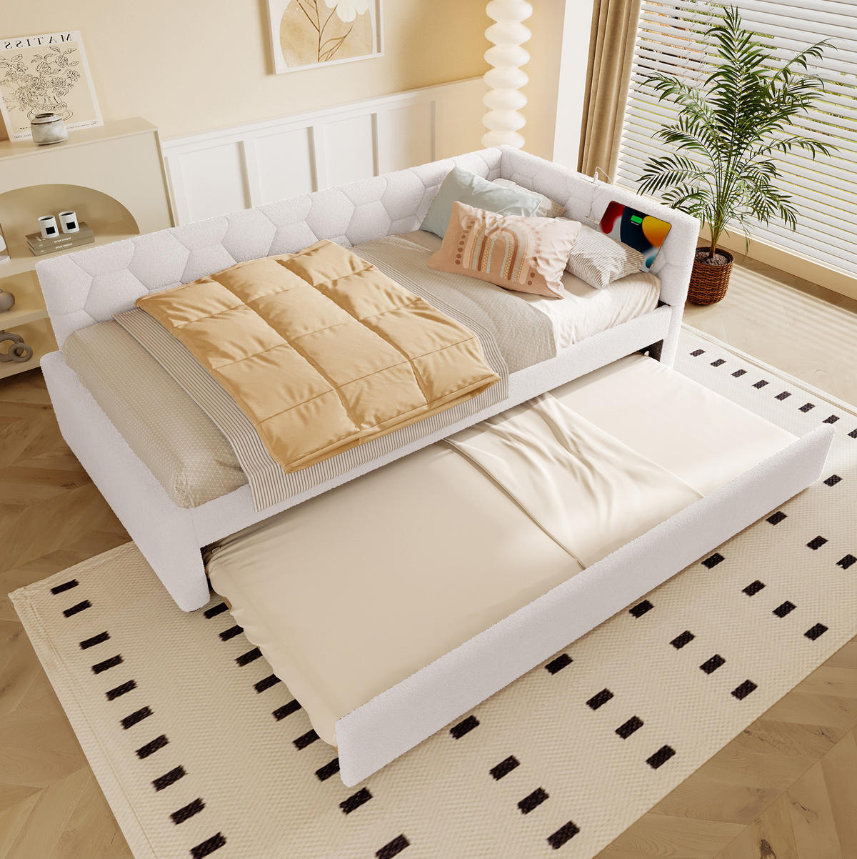 POLSTERBETT 90/200 cm Weiß aus Boucle mit Ausziehbett - Weiß, Textil (90/200cm) - OKMYHOME