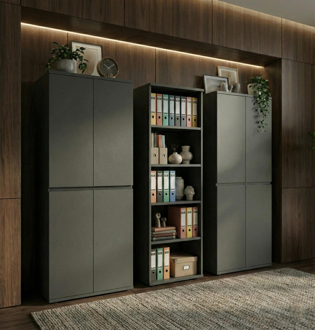 BÜRO-SET "Stuttgart" groß mit 3 Aktenschränke Soft-Close 272x197 cm Graphit - Schwarz, Holzwerkstoff (272/197/40cm) - KADIMA DESIGN