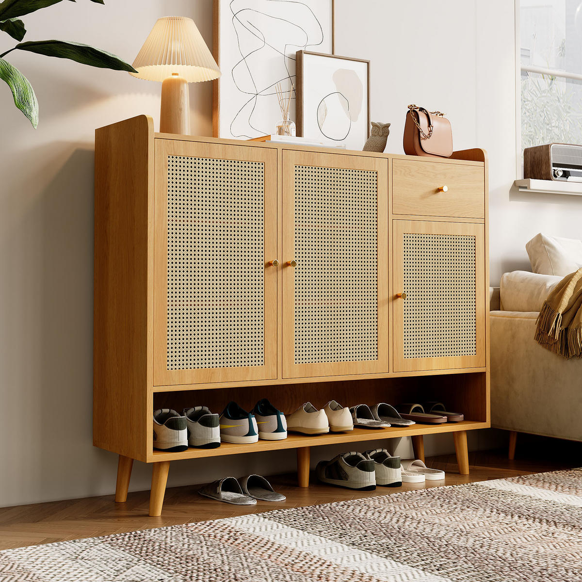 SCHUHSCHRANK Rattan mit 3 Türen Natural 120x35x106cm - Naturfarben, Holzwerkstoff (35/106/120cm) - FLIEKS