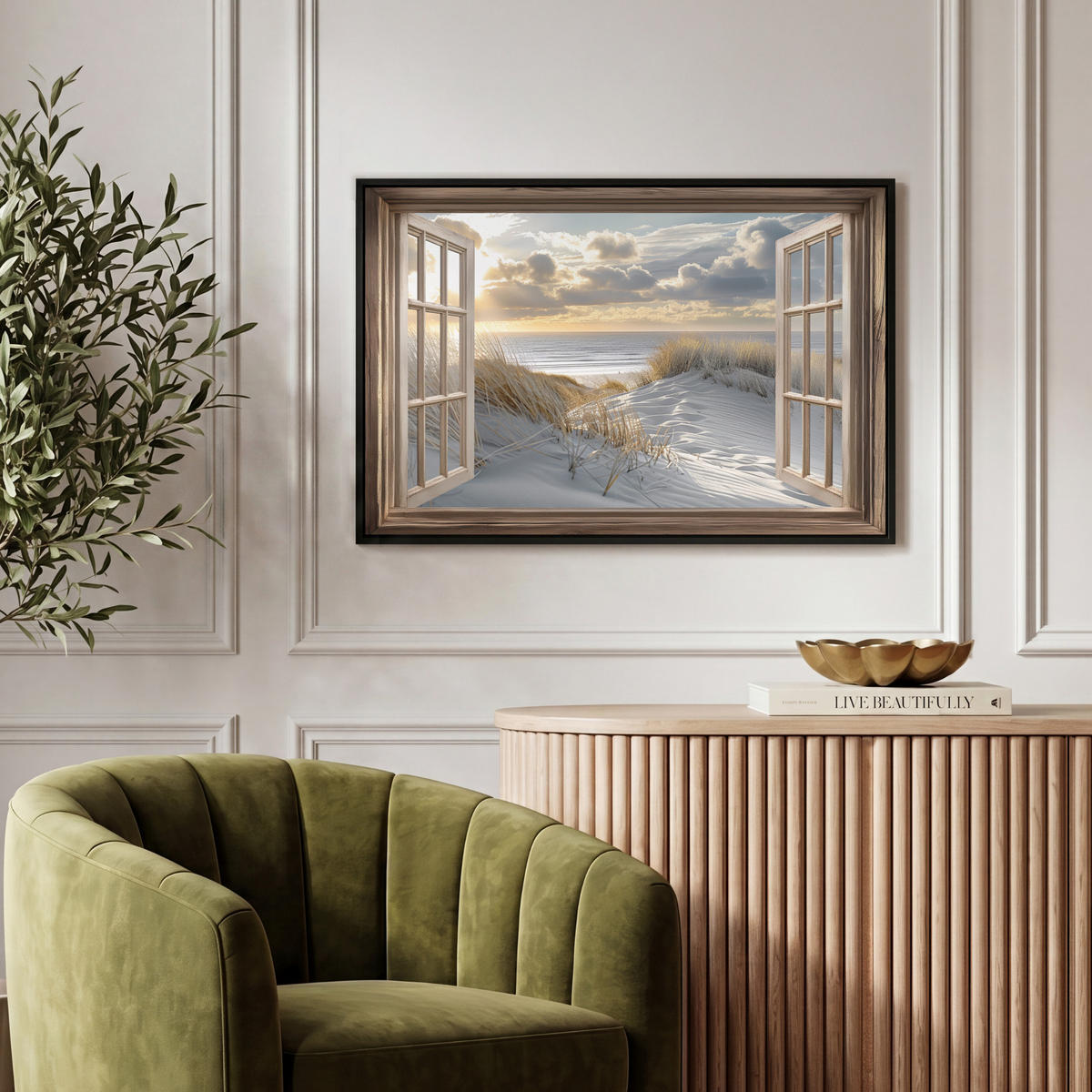 LEINWAND Bilder mit Rahmen - Ausblick - Strand - Dünen - Meer - Natur - 60x40 - Sandfarben, Textil (60/40cm) - MuchoWow