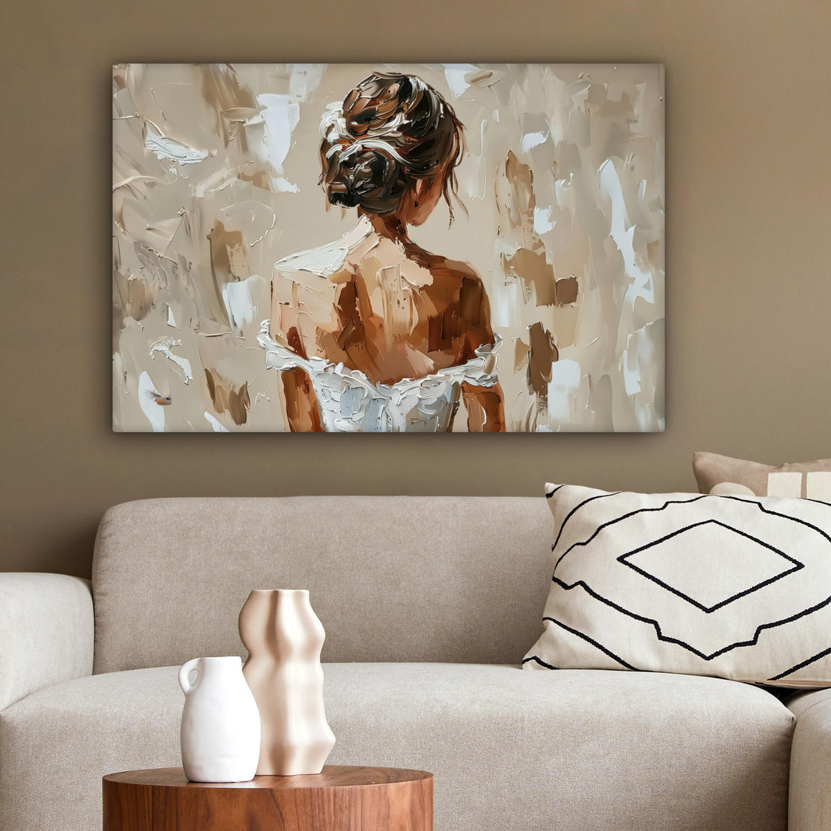 LEINWANDBILD - Frau - Farbe - Abstrakt - Beige - Modern - 90x60 - Deko Wohnzimmer - Sandfarben, Textil (90/60cm) - MuchoWow