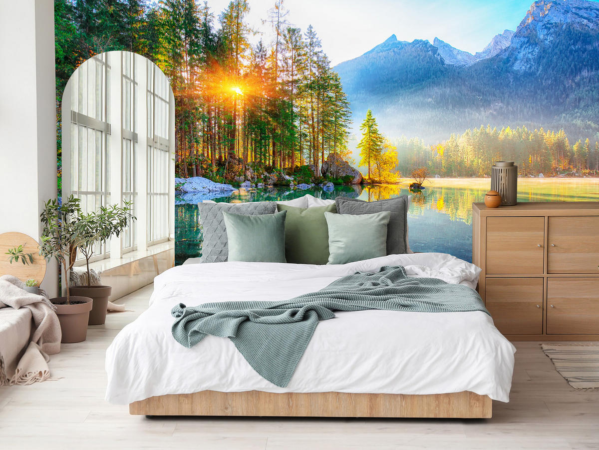 FOTOTAPETE für Schlafzimmer See Berge Bäume Sonnenuntergang Natur 350x256 - Gelb/Rot, Papier (350/256cm) - Muralo