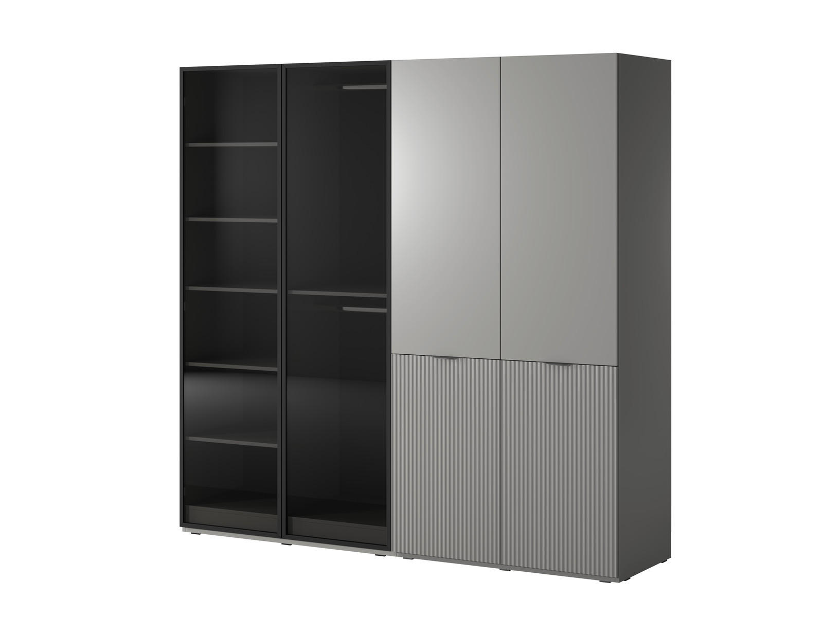 KLEIDERSCHRANK ZEN (Modular, Grau Matt, Grau & Getöntes Glas Antisol, 4-türig) - Schwarz/Grau, Holz/Holzwerkstoff (202/200/51cm) - Ravio