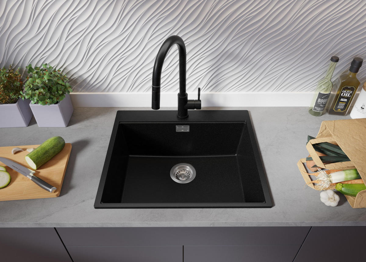 SPÜLBECKEN Oslo, 2-er set Alles Schwarz 58/50 cm 1 Becken + Ablauf-Set + Schneidebrett ab 60er Unterschrank - Schwarz, Kunststoff (58/20/50cm) - Primagran