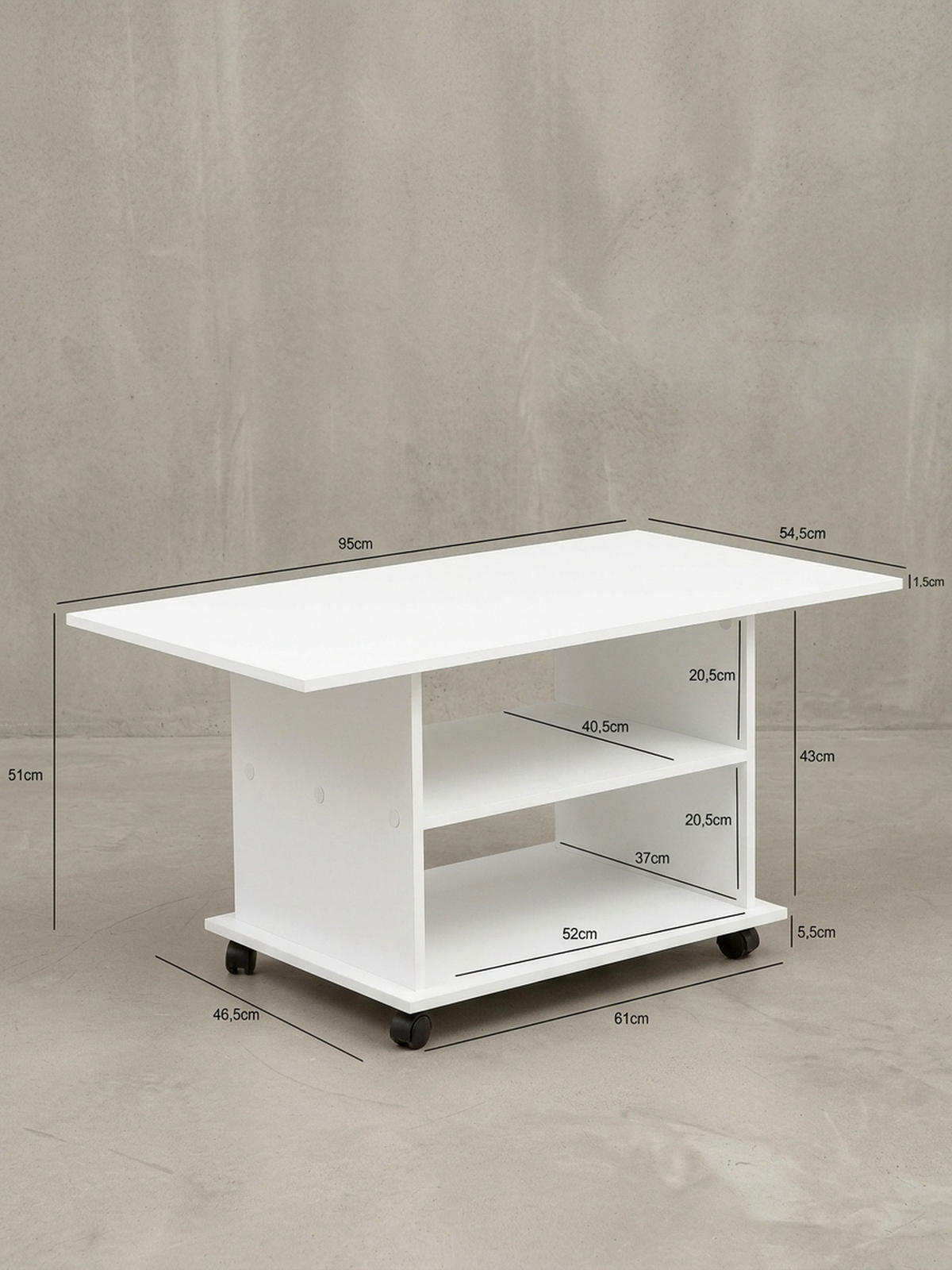 COUCHTISCH mit zwei Ablageflächen, Rollen und Melaminharzbeschichtung, Weiß 95x54x51 cm - Schwarz/Weiß, Holz (54/95/51cm) - KADIMA DESIGN