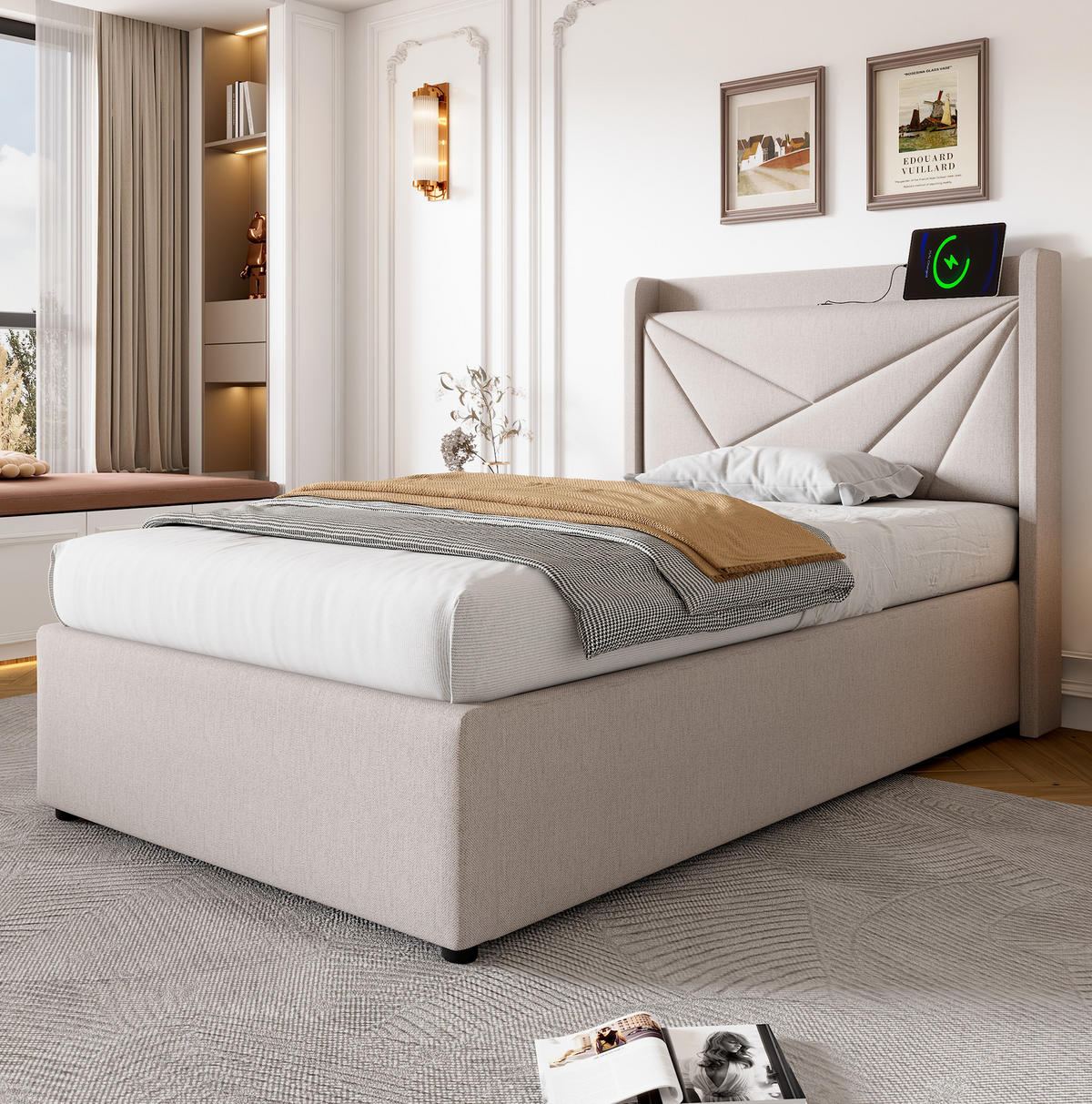 BETT mit Bettkasten und USB/Typ-C 90x200 cm Beige - Beige, Metall (90/200cm) - Meubliv
