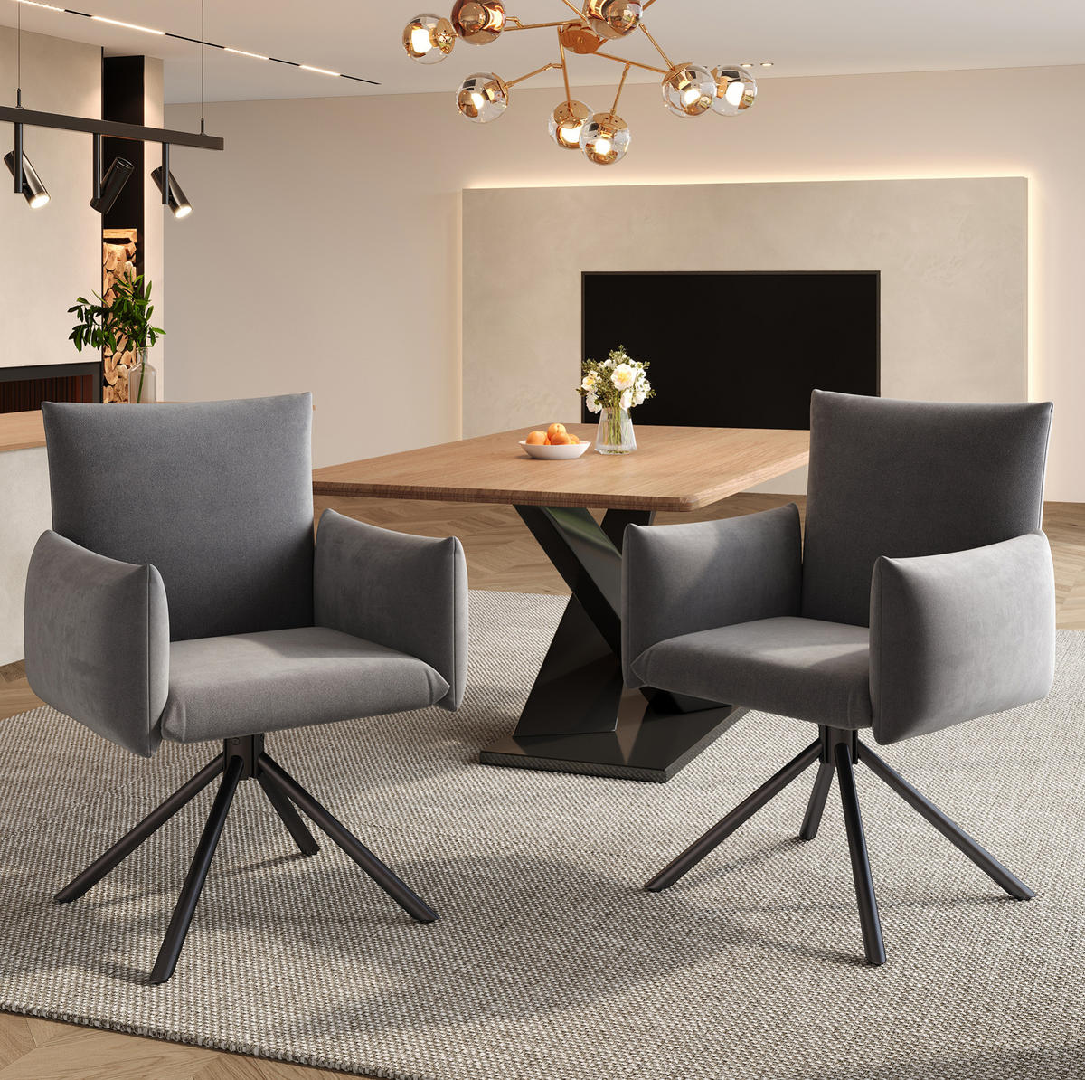 ESSZIMMERSTUHL 2er-Set 360° drehbar Samt Grau - Grau, Metall (60/88/60cm) - Meubliv