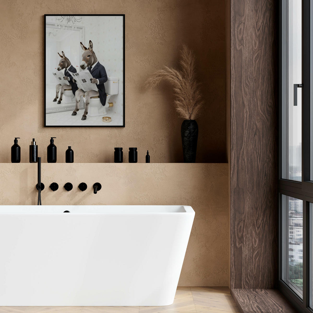 POSTER für Badezimmer WC ESEL im Anzug auf Toilette mit Zeitung Abstraktion 30x40cm - Beige/Schwarz, Papier (30/40/40cm) - Muralo