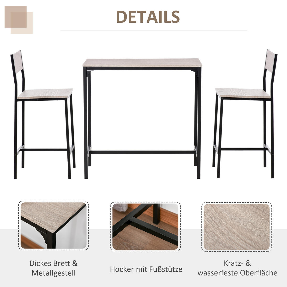 BARTISCH-SET, MDF, Metall, Natur+Schwarz - Naturfarben, Kunststoff (45/87/89cm) - HOMCOM