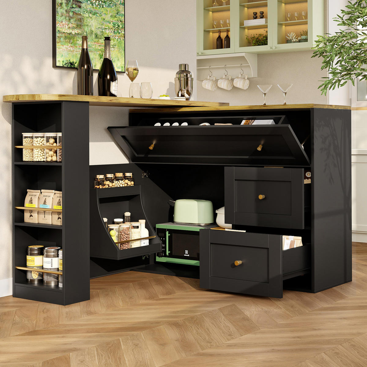 BAROVÝ stůl z MDF a kovu 138-204x39x105 cm černý s úložným prostorem a 360° otočnou deskou - černá, kompozitní dřevo (204/105/39cm) - Modfu
