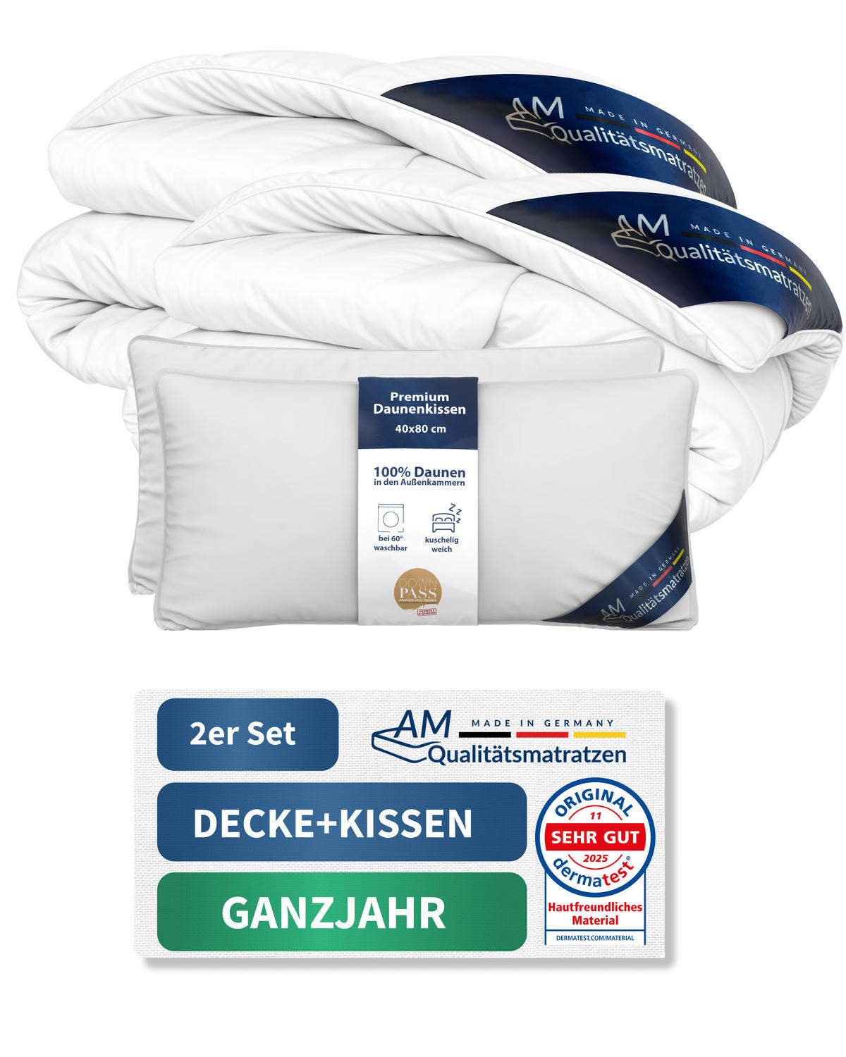 BETTWAREN SET Daunen Ganzjahr 155/220cm, Kissen 40/80 cm 2er Set - Weiß, Textil (155/220cm) - AM Qualitätsmatratzen