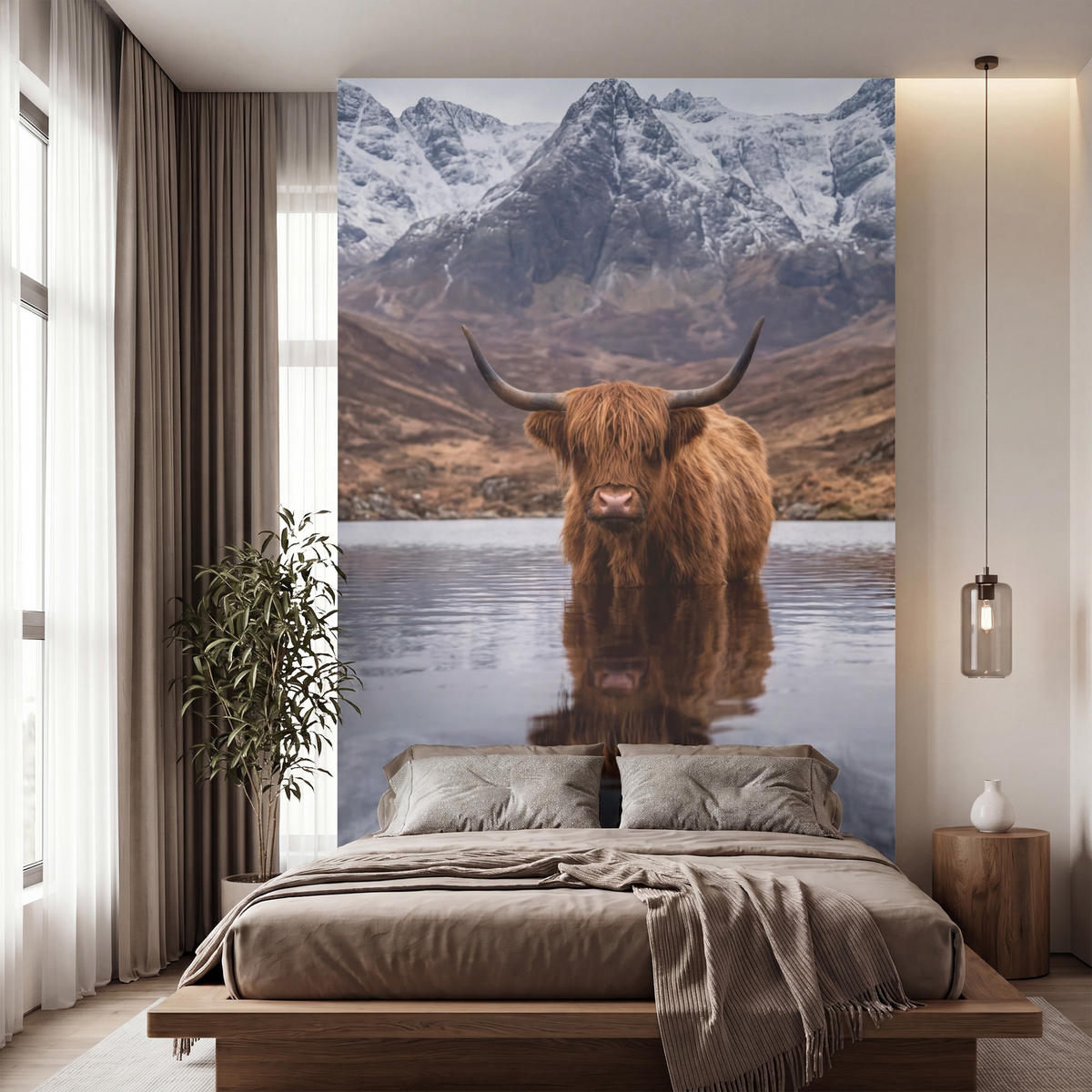 TAPETE - Schottischer Hochländer - Braun - Wasser - 180x300 cm - Braun, Papier (180/300cm) - OnlyWow