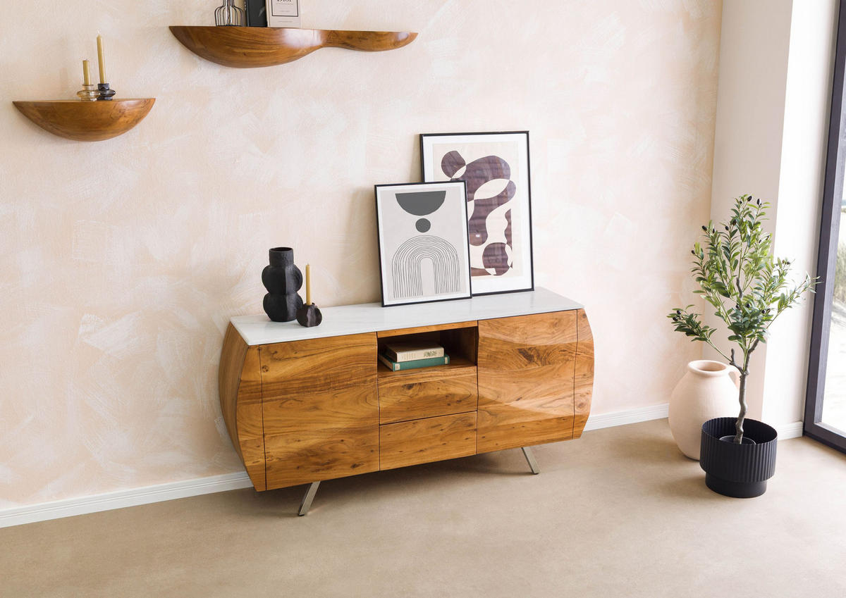 SIDEBOARD Akazie 154x40x75 natur lackiert / Marmor weiß MONTREAL #126 - Braun, Holz (154/75/40cm) - Massivmoebel24