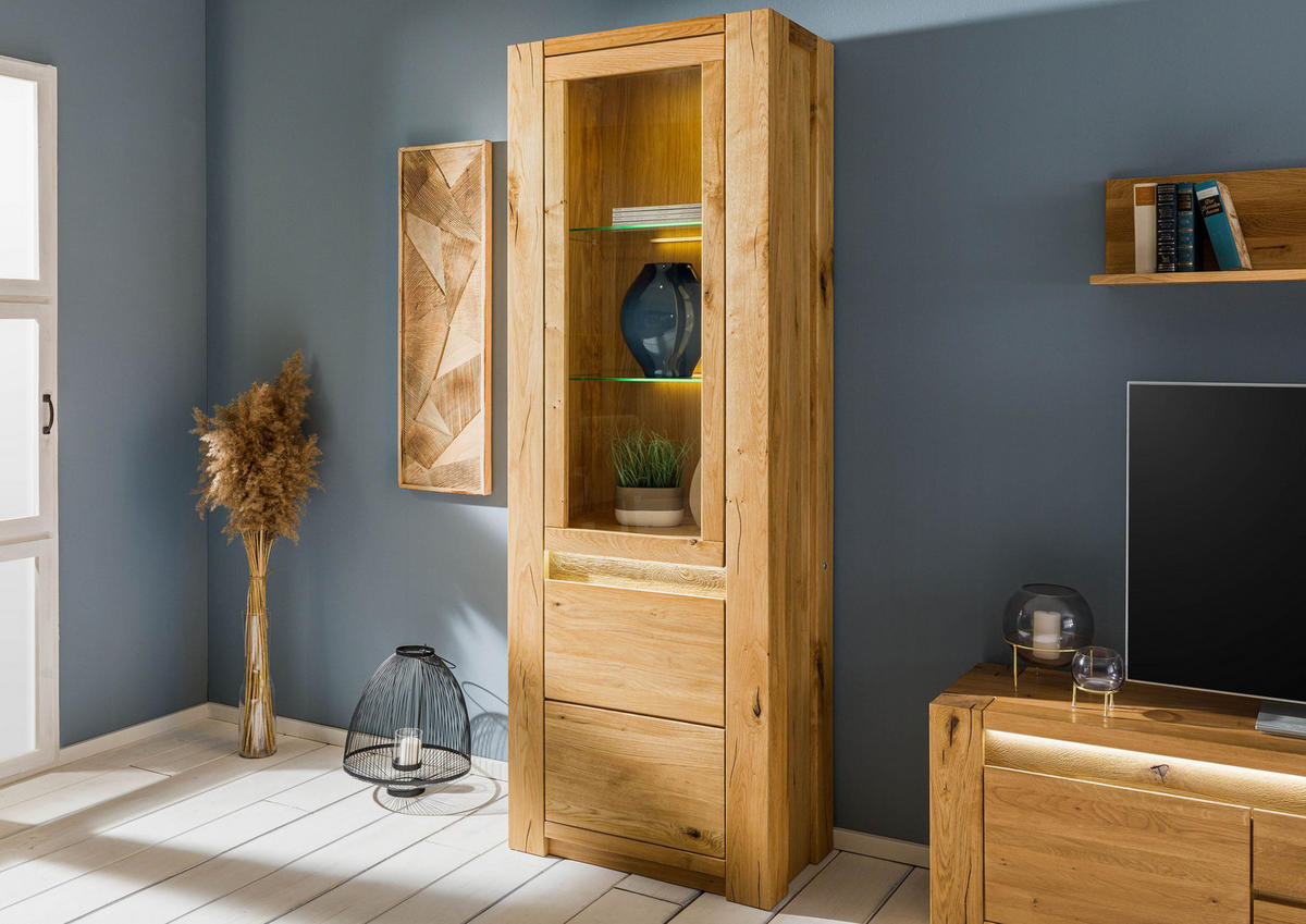 VITRINE Wildeiche 73x40x205 natur geölt KENT #101 - Braun, Holz (73/205/40cm) - Massivmoebel24