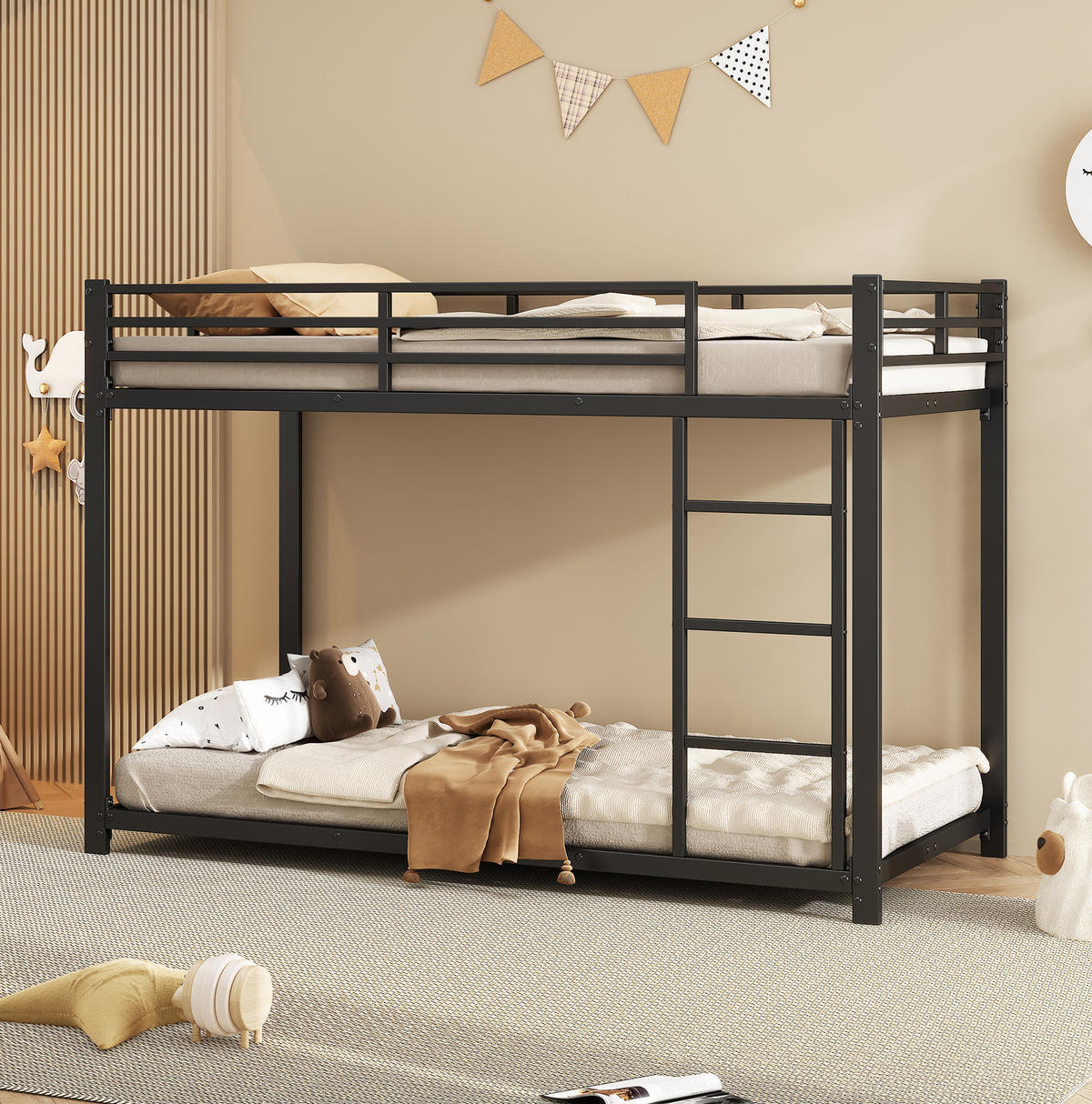 ETAGENBETT aus Metall 90x200 cm Schwarz mit Sicherheitsleisten, 2 Lattenrosten und platzsparender Bauweise - Schwarz, Metall (90/200cm) - Modfu