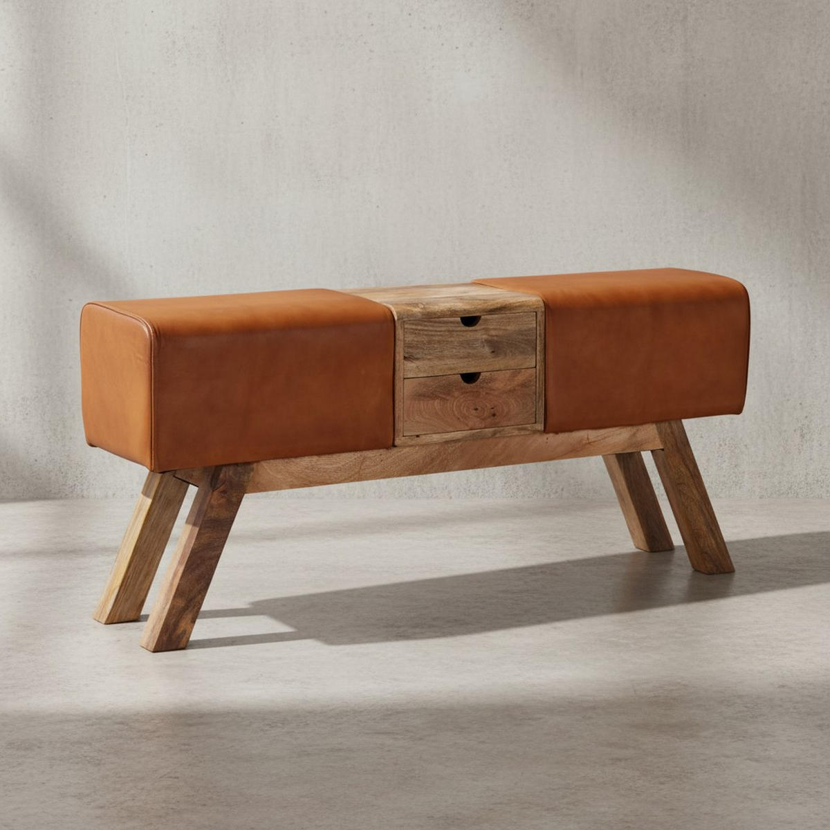 SITZBANK Massivholz Stoffbezug mit 2 Schubladen, Braun 120x30x56 cm - Braun, Mangoholz/Leder (120/56/30cm) - KADIMA DESIGN