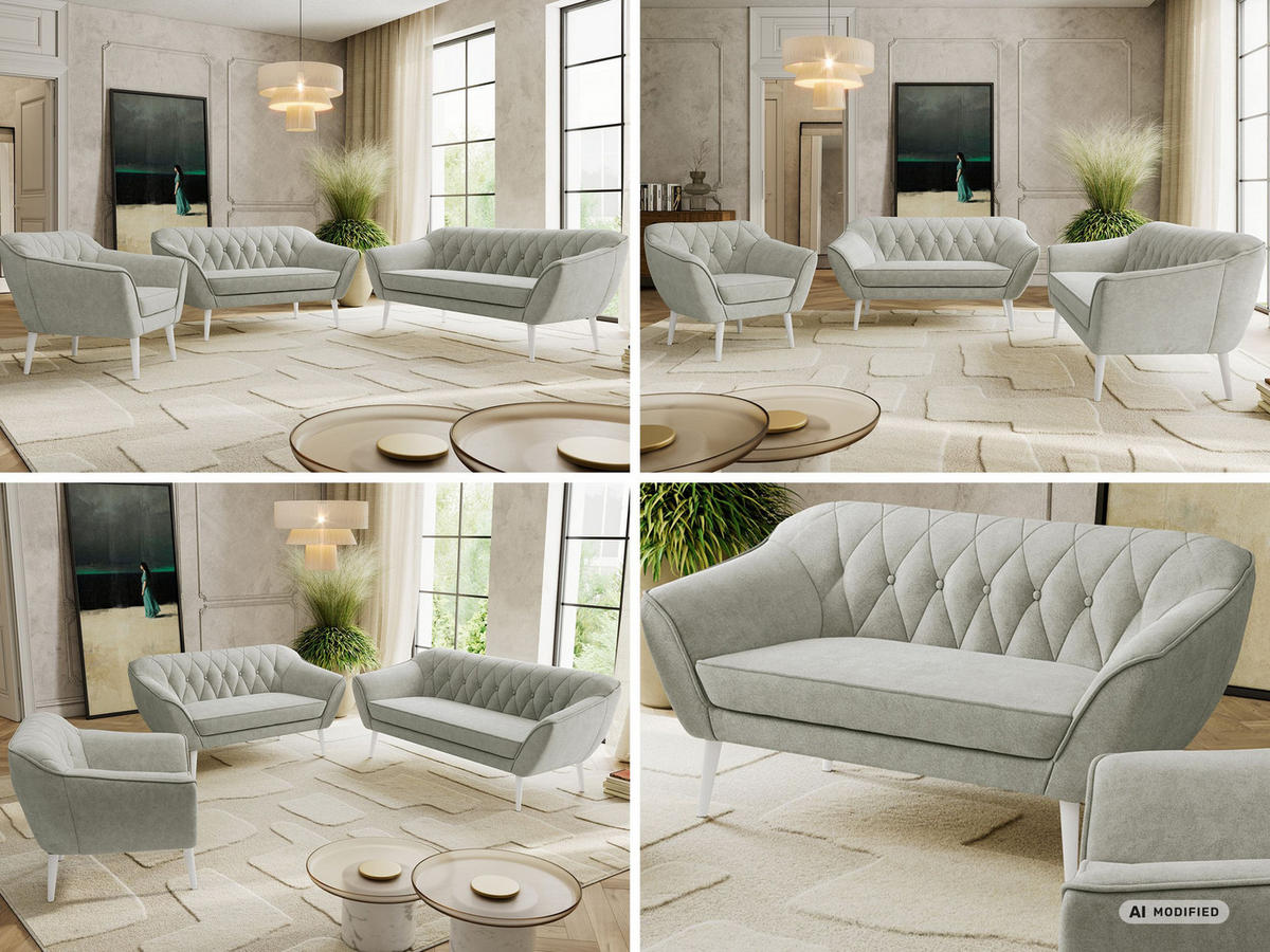 SEDACIA ZOSTAVA 3+2+1 PIRS - Svetlosivá Štruktúrovaná látka - Biele nohy - biela/svetlosivá, kompozitné drevo/textil (180/75/74cm) - MKS