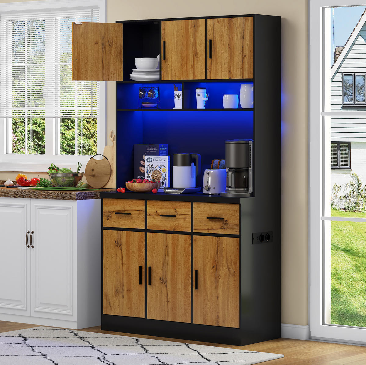 BUFFET 100/40/180 cm aus MDF mit LED-Beleuchtung und Steckdosenleiste Schwarz/Natur - Schwarz, Holzwerkstoff (100/180/40cm) - Modenvie