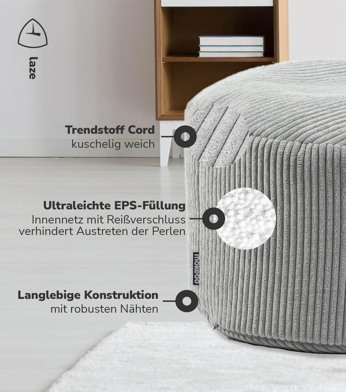 POUF Cord Der Faule Lenz - Grau, Textil (50/30/50cm) - Mokebo