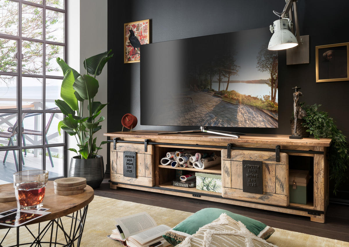 TV-COUCHTISCH Florenz Mango Vintage 180 x 55 x 50 cm - Schwarz/Braun, Holz (180/50/55cm) - Mr. Deko