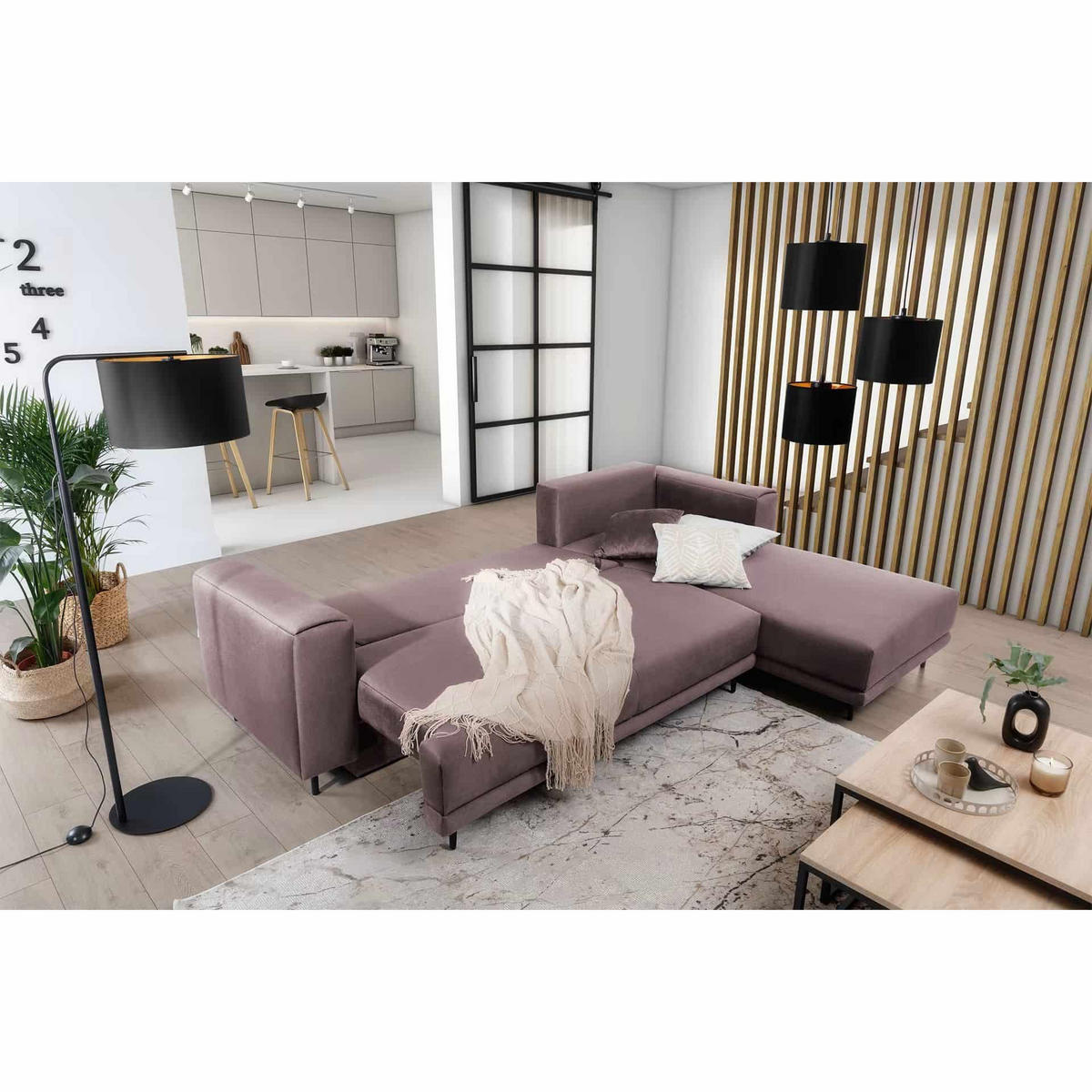 ECKSOFA mit Schlaffunktion und Bettkasten, Loco-Stoff - Flieder/Schwarz, Textil/Metall (190/289cm) - Eltap