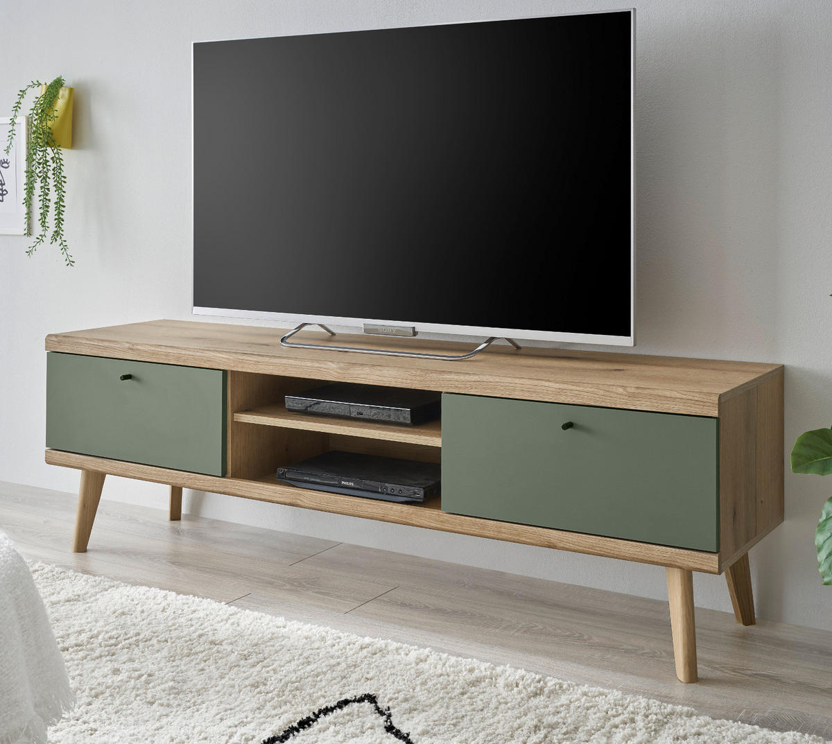 TV-LOWBOARD Salbei grün, Eiche Evoke skandinavisch 160 cm, Fernsehtisch mit Stauraum - Eichefarben/Salbeigrün, Holz/Holzwerkstoff (160/50/40cm) - Furn.Design
