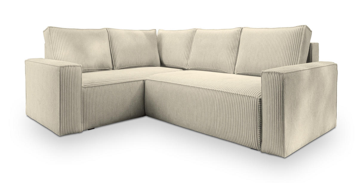 ECKSOFA ESTANO L-S Creme Kordstoff mit Schlaffunktion - Creme, Holz (230/158cm) - MASSENO