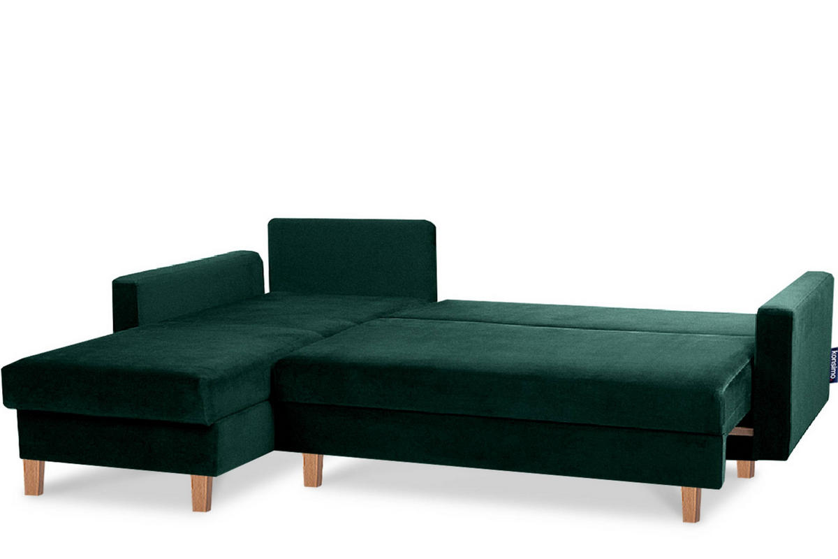 ECKSCHLAFSOFA ERISO 3/4 Sitzer und Universalecke mit Ottoman, Velour-Stoff, dunkelgrün - Dunkelgrün/Braun, Textil (240/183cm) - KONSIMO®