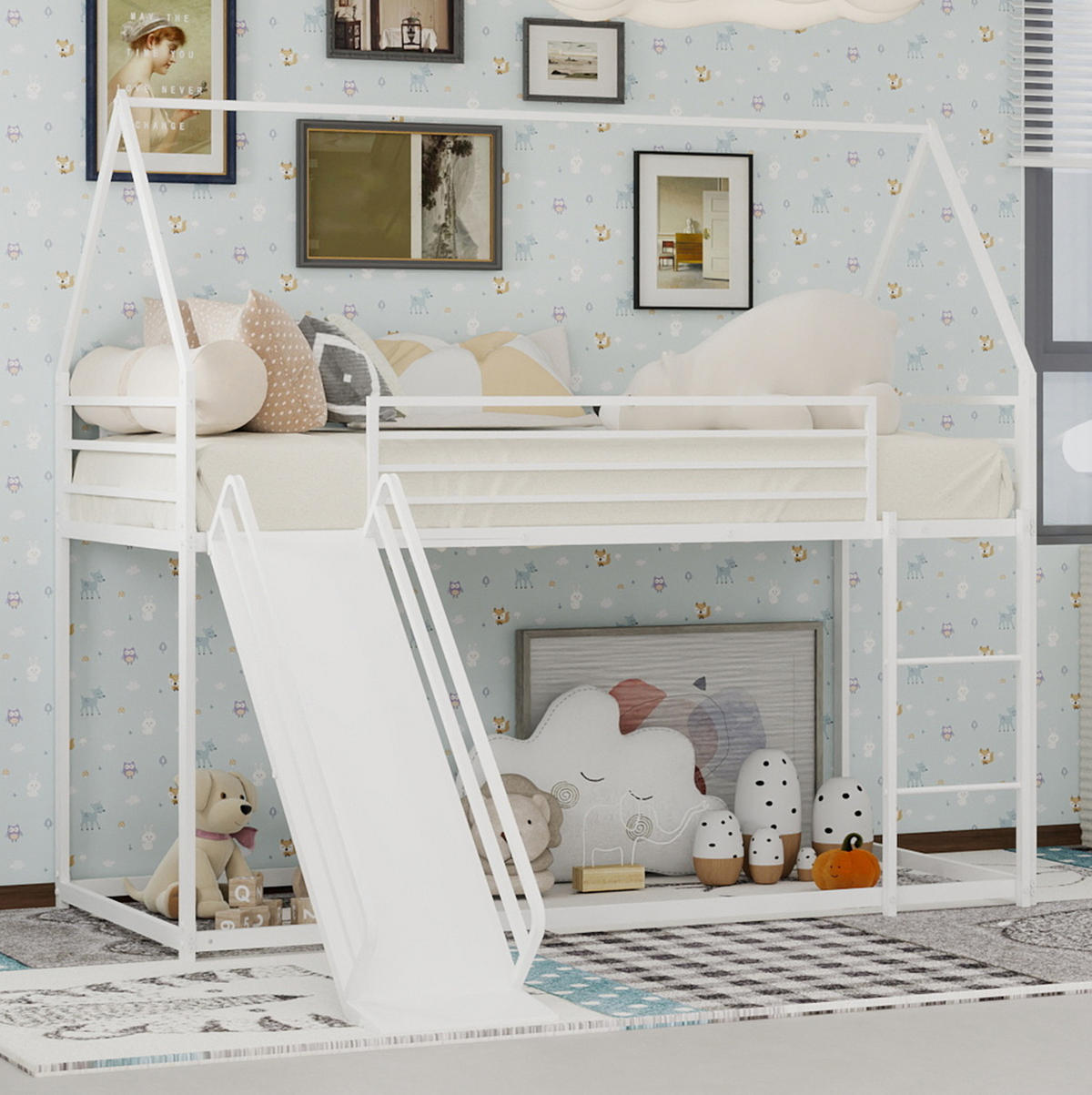 ETAGENBETT 90/200 cm mit Rutsche, Leiter und Spielhausdesign, Weiß - Weiß, Metall (90/200cm) - Redom