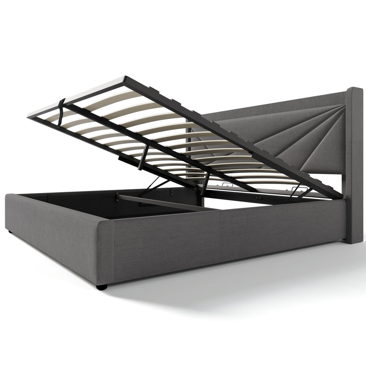 POLSTERBETT 140/200 cm mit USB- und Typ-C-Anschluss, Bettkasten und geometrischem Kopfteil, Grau - Grau, Textil (140/140cm) - Redom