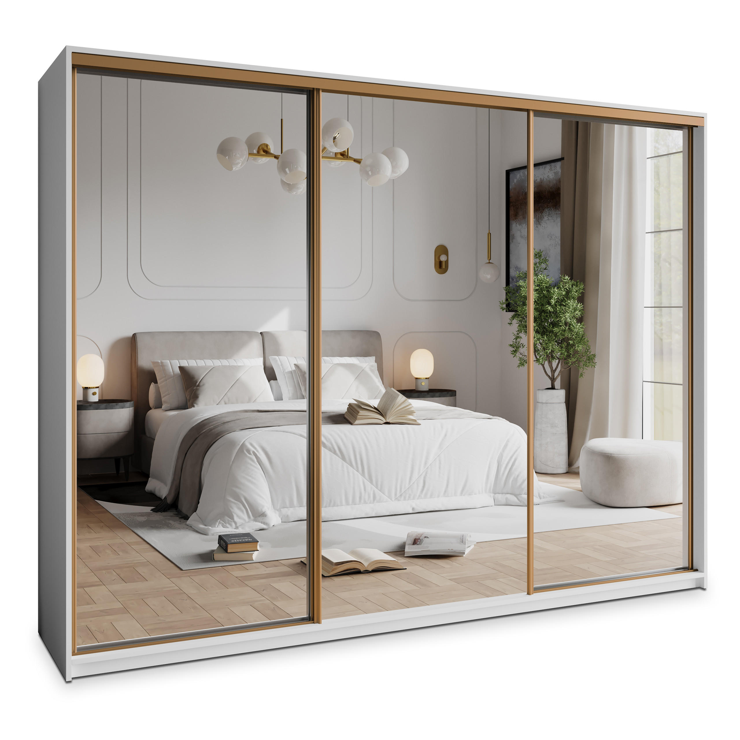 ŠATNÍ SKŘÍŇ S POSUVNÝMI DVEŘMI RIEN, 250/205/60 cm 3dveřová se zrcadlem a zásuvkami, bílá - bílá/zlatá, kompozitní dřevo (250/205/60cm) - MASSENO