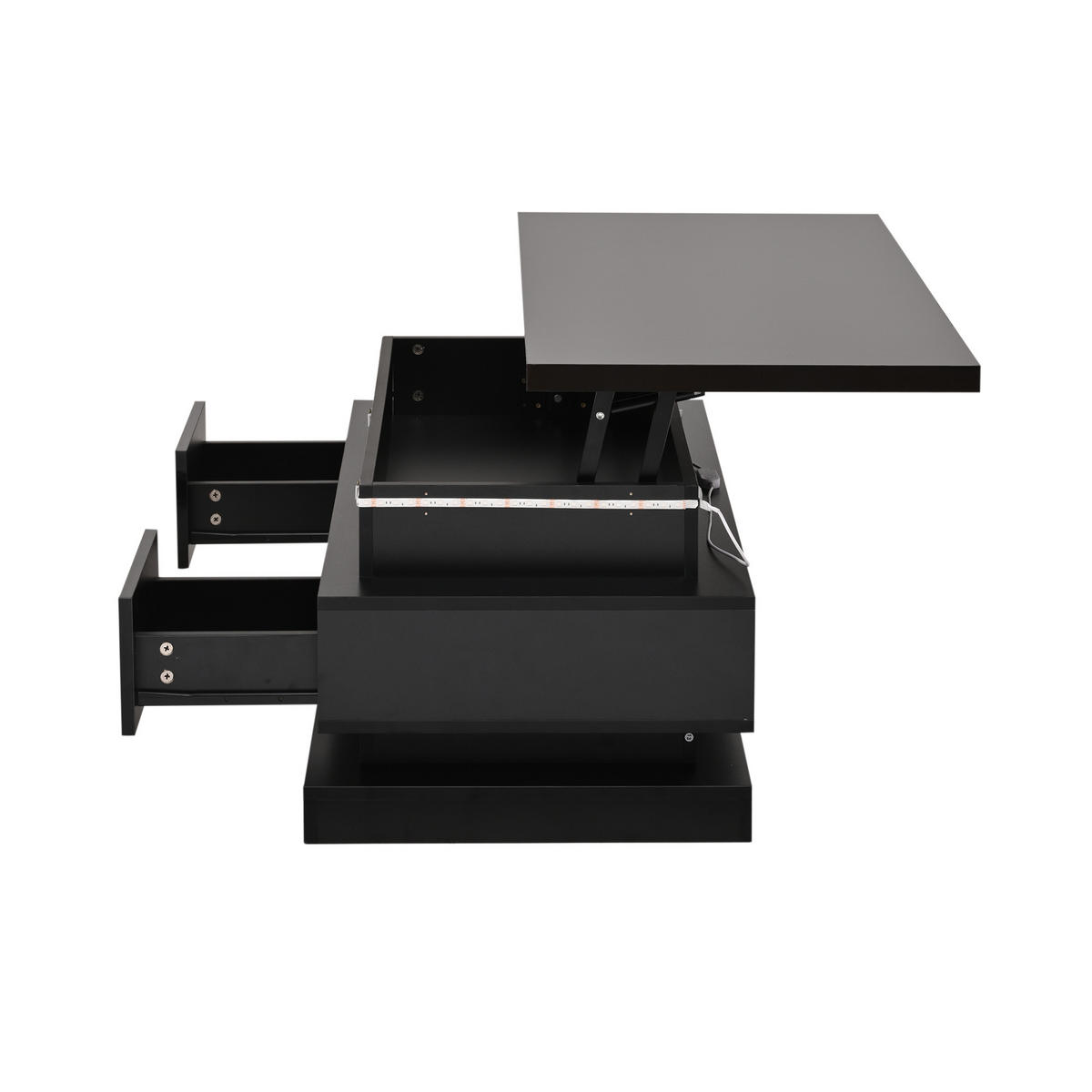 COUCHTISCH anhebbar Schwarz 2 Schubladen LED 100x50x40cm - Schwarz, Holzwerkstoff (100/50/40cm) - FLIEKS