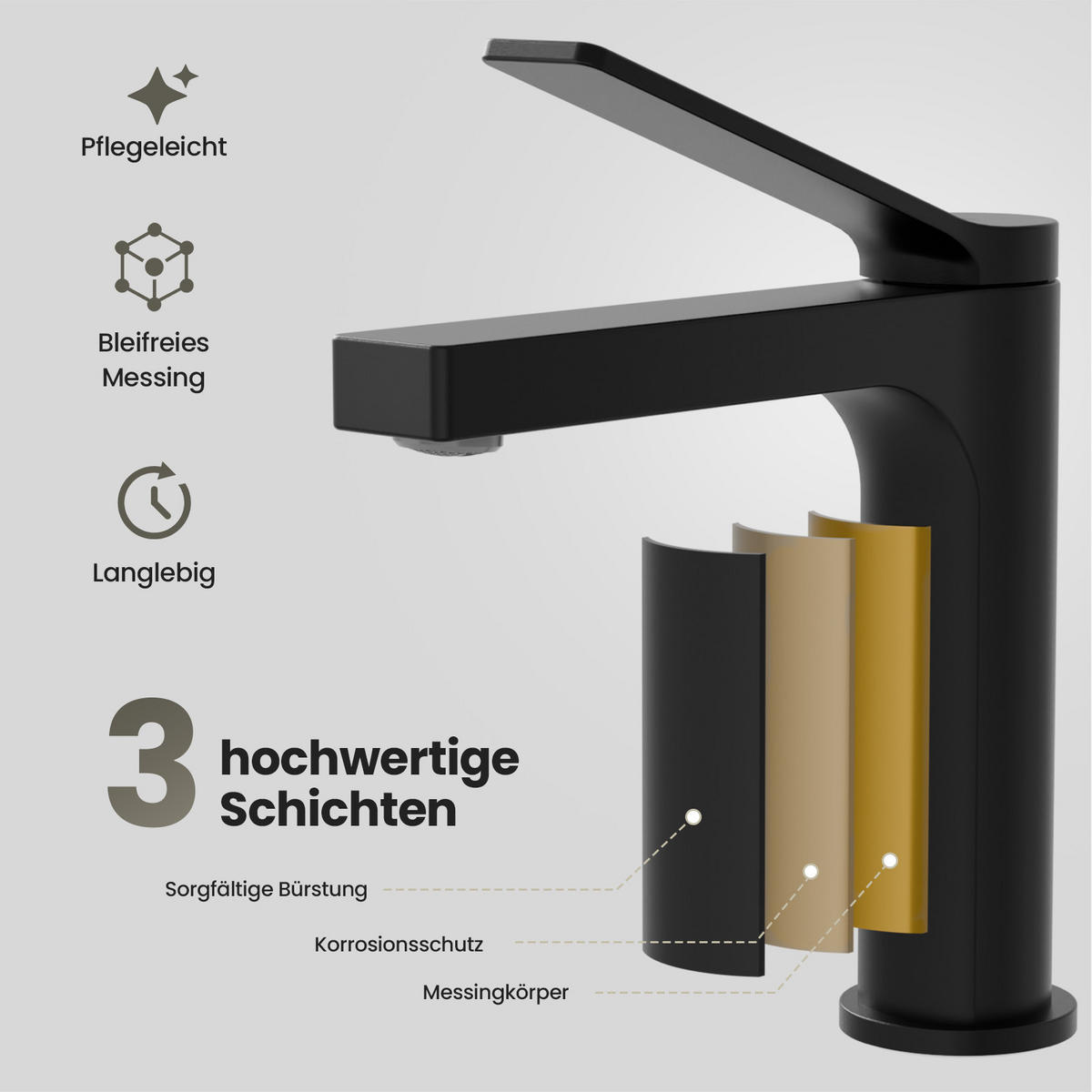 WASCHTISCHARMATUR mit Spulen-Zertifiziertem Filterelement Schwarz Matt - Schwarz, Metall (17.3/4.6/19.5cm) - EMKE