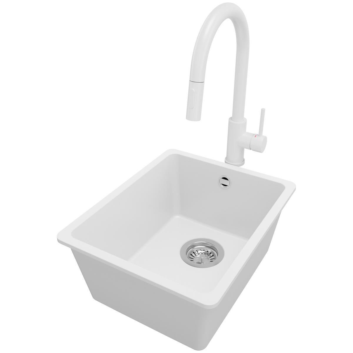 UNTERBAUSPÜLE GRANIT Venedig Easy, 2-er set Weiß 36/44 cm 1 Becken + Küchenarmatur 40/20 cm + Ablauf-Set ab 40er Unterschrank - Chromfarben/Weiß, Kunststoff (36/20/44cm) - Primagran