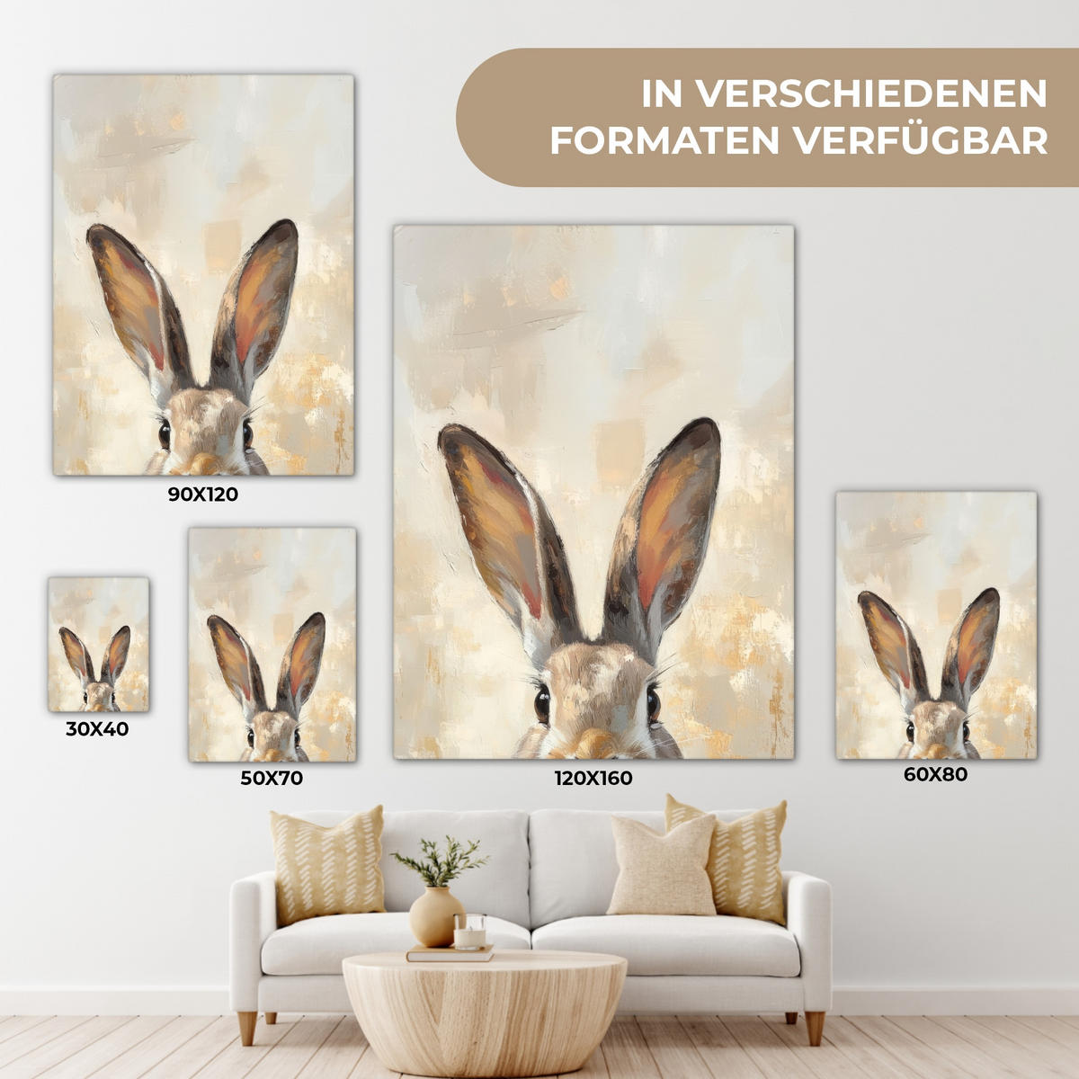 LEINWANDBILD Hase - Ohren - Braun Room Decor 30x40 cm - Beige, Textil (30/40cm) - MuchoWow