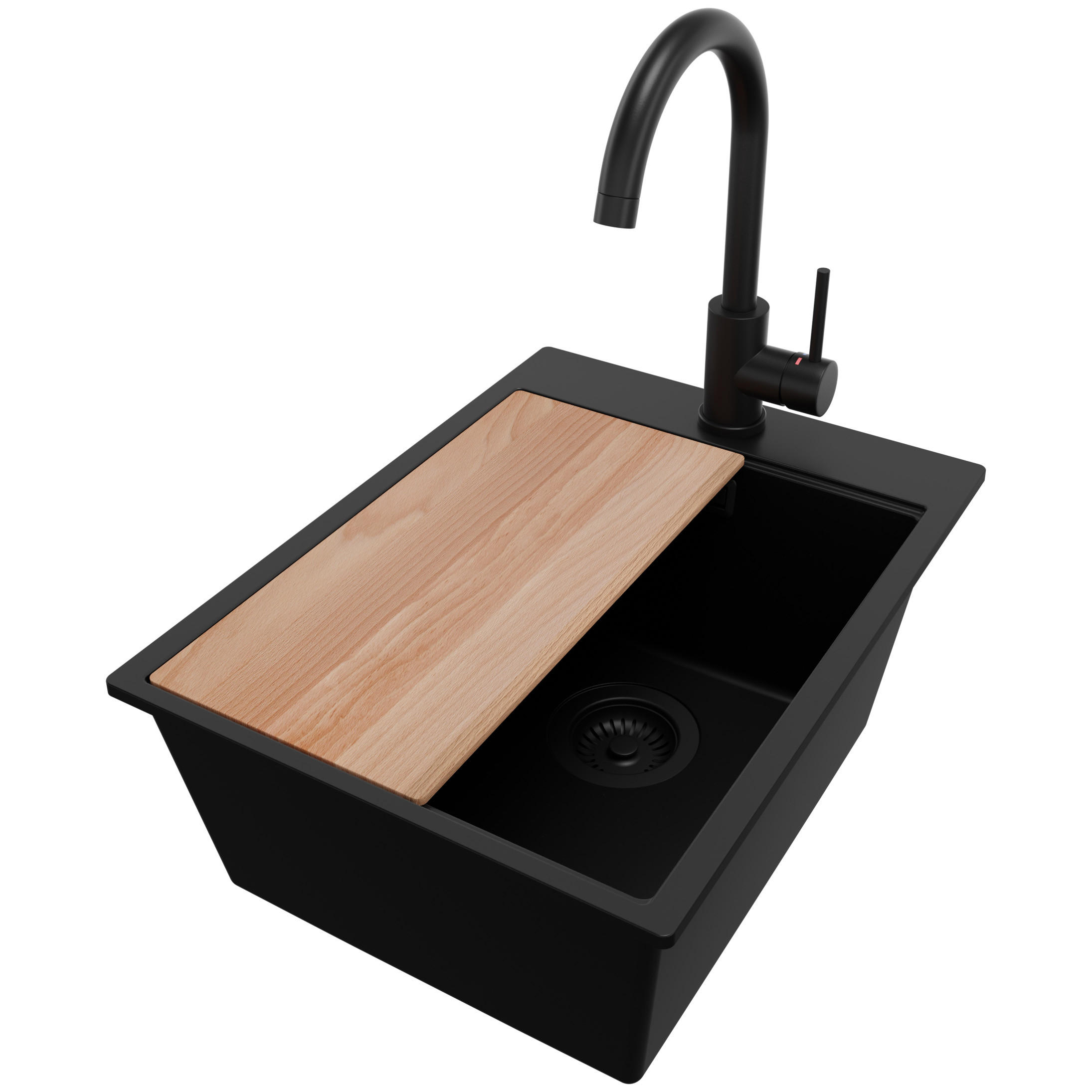 GRANITSPÜLE Oslo, 2-er set Alles Schwarz 38/50 cm 1 Becken + Küchenarmatur 32/20 cm + Ablauf-Set + Schneidebrett ab 40er Unterschrank - Beige/Schwarz, Kunststoff (38/20/50cm) - Primagran