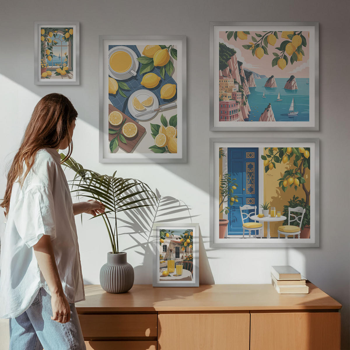 WANDBILDER 5er Set - 50x50 cm & 20x30 cm & 40x60 cm Silberner Rahmen - Berge, rosa Himmel, Wasser, Sukkulente - Silberfarben, Kunststoff (40/60cm) - ArtPrintCave