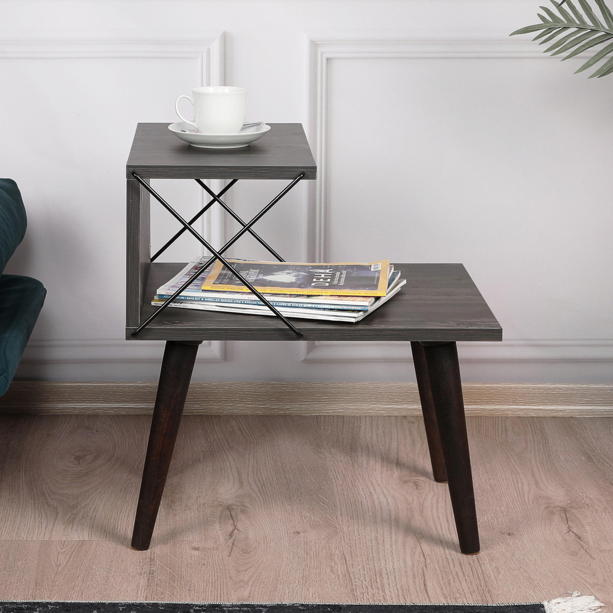 BEISTELLTISCH Bergen - Dunkelbraun/Anthrazit, Holzwerkstoff/Buchenholz (50/40/55cm) - [en.casa]