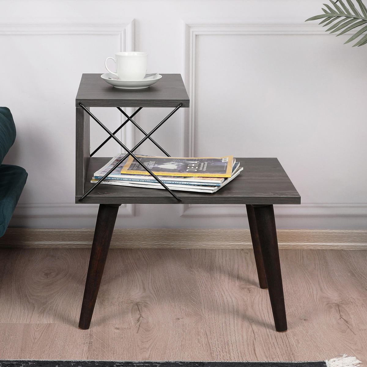 BEISTELLTISCH Bergen - Dunkelbraun/Anthrazit, Holzwerkstoff/Buchenholz (50/40/55cm) - [en.casa]