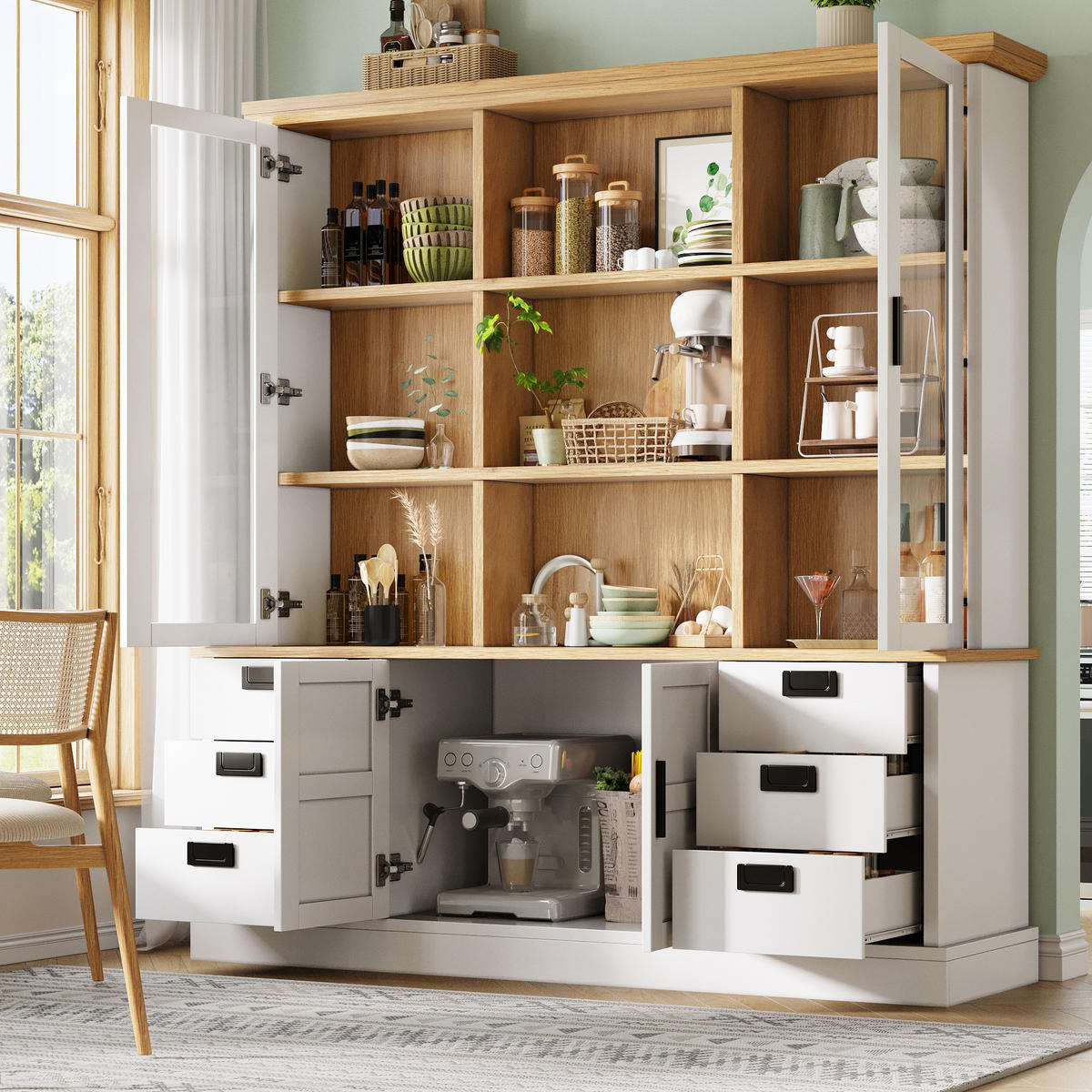 KÜCHENSCHRANK 140x185Cm 6 Schubladen Glastüren - Weiß, Holzwerkstoff (140/185/40cm) - FLIEKS