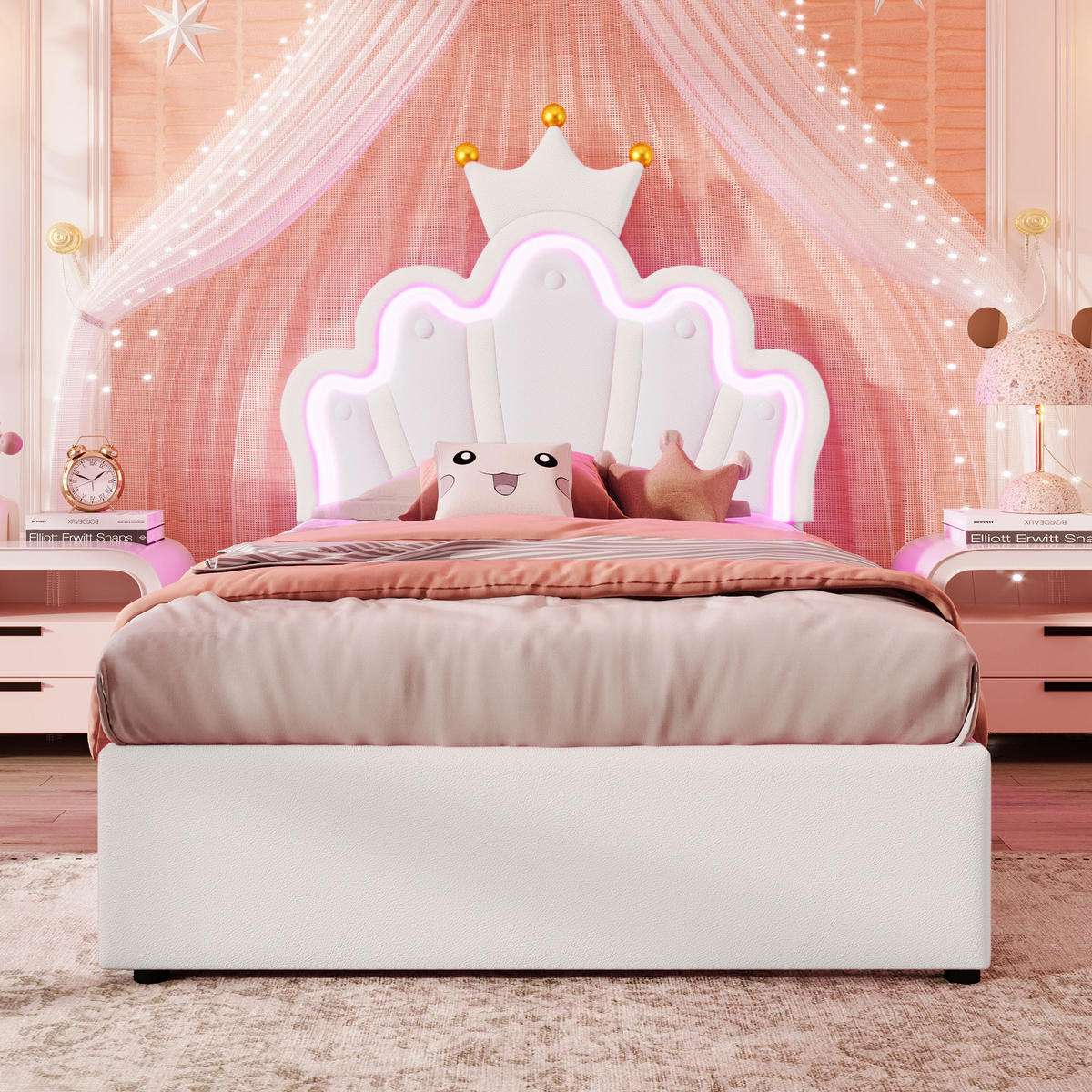 POLSTERBETT 90x200cm Weiß PU Fernbedienung Kronenform 2 Schubladen - Weiß, Holz (90/200cm) - FLIEKS