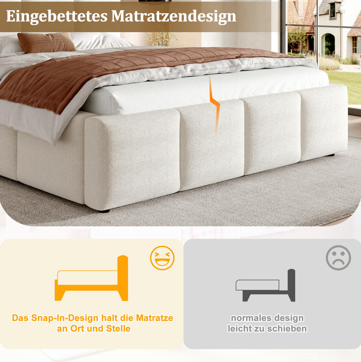 POLSTERBETT 160/200 cm mit Lattenrost, gepolstertem Kopfteil und Bouclé-Bezug, Beige - Beige, Textil (160/200cm) - Redom
