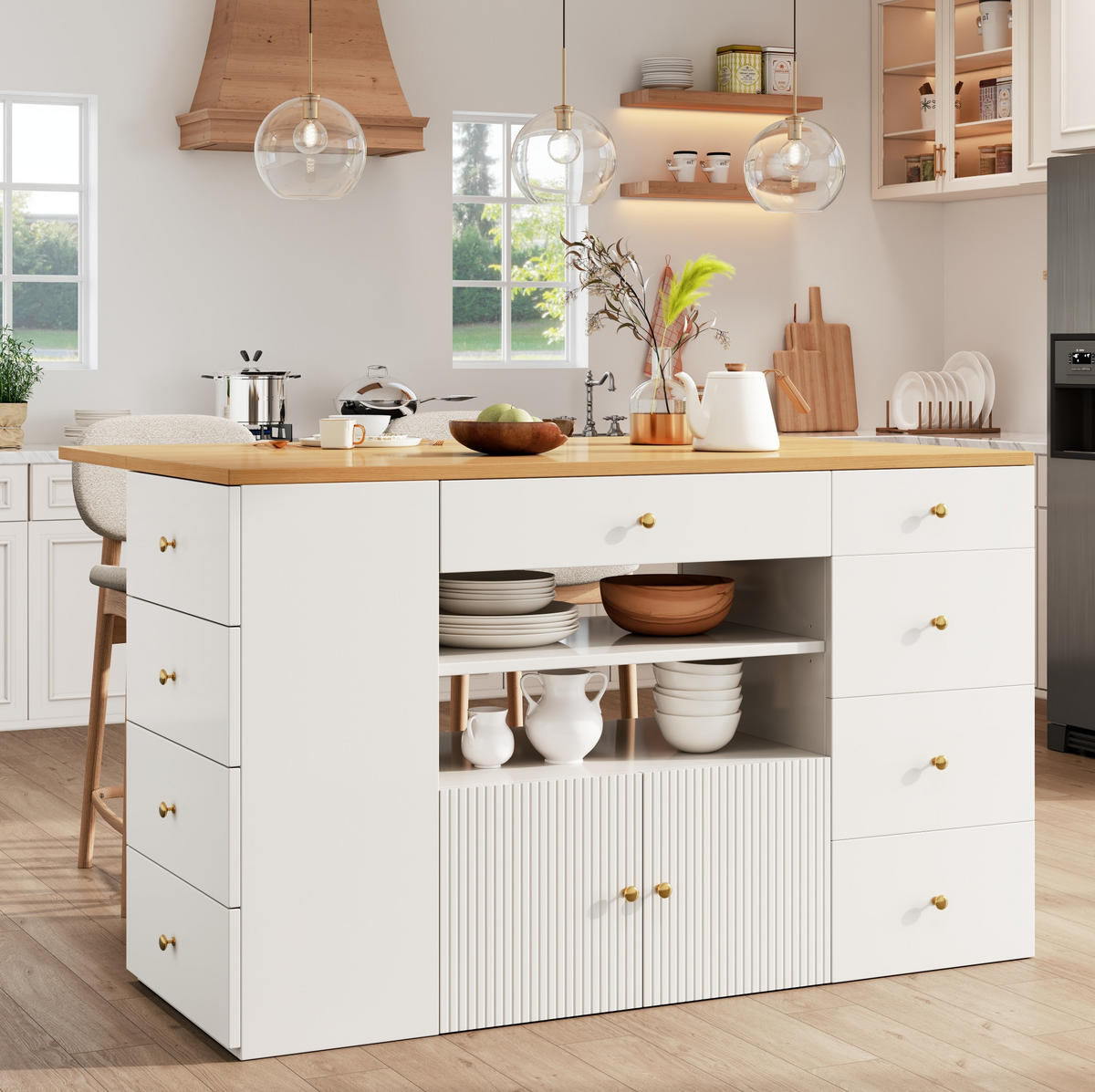 KUCHYŇSKÝ ostrůvek z MDF, 140/40/89 cm, bílý se stoličkou a úložným prostorem - bílá, kompozitní dřevo (140/89/70cm) - Modenvie