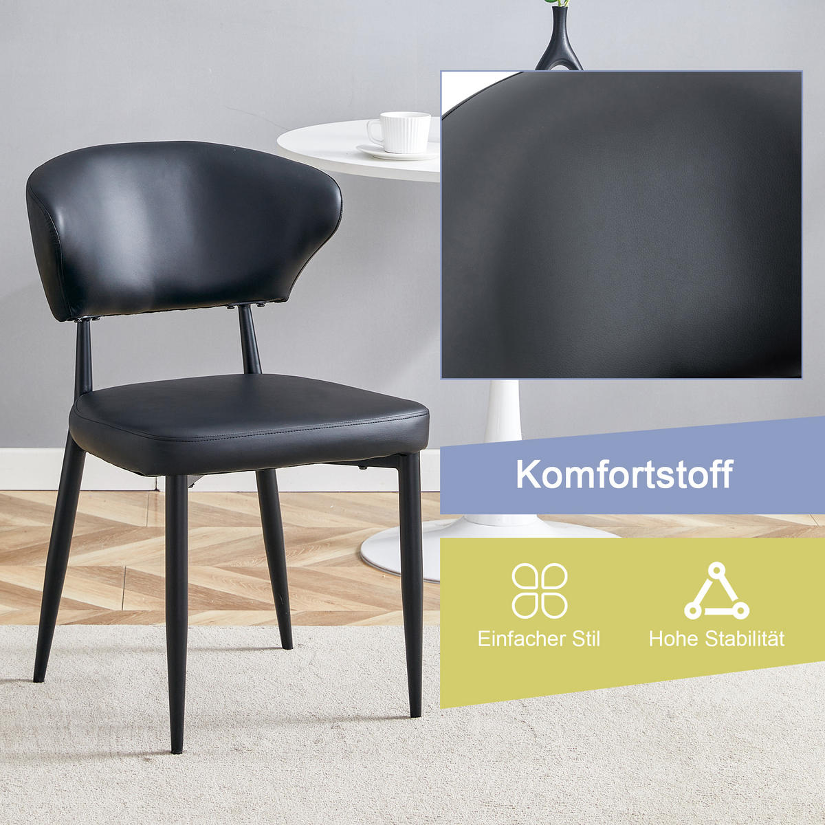 STUHL mit Rückenlehne ergonomisch Schwarz 45x50x80 cm Leder - Schwarz, Leder (45/80/50cm) - SONNENH