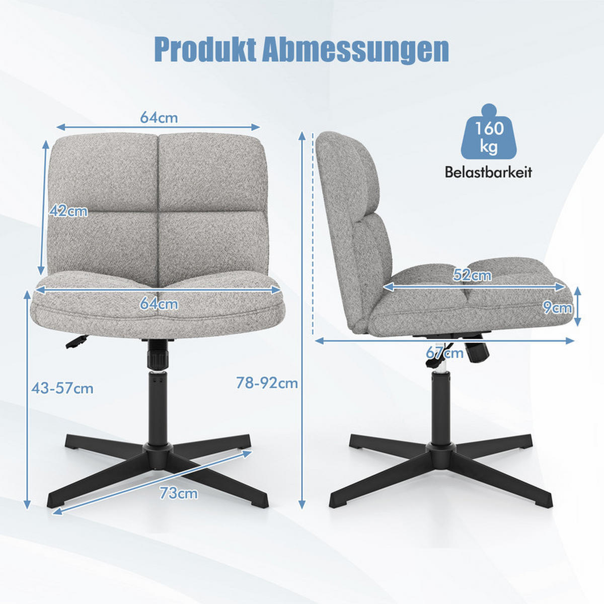 BÜROSTUHL Grau - Grau, Metall (73/78/64cm) - COSTWAY